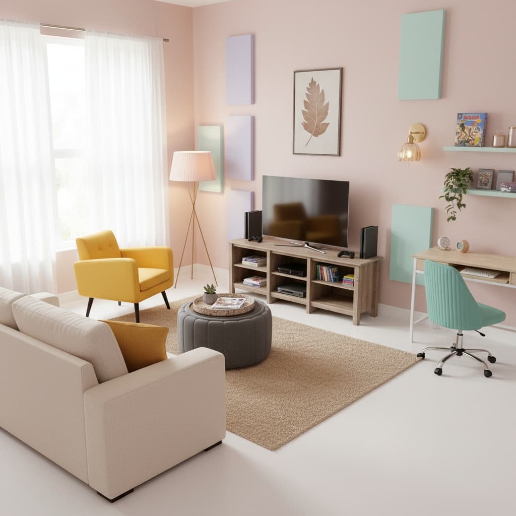 Design a Minimalist Media/Game Room with a Pastel Color Palette for Home Interior Design