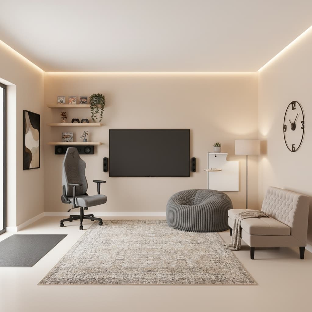 Design a Tropical Media/Game Room with a Neutral Color Palette