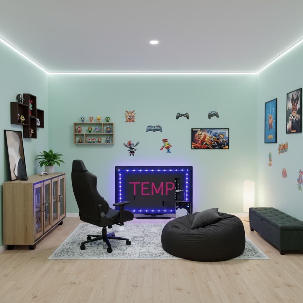 Creating an Industrial Media & Game Room with Pastel Hues: A Unique Home Interior Design Journey