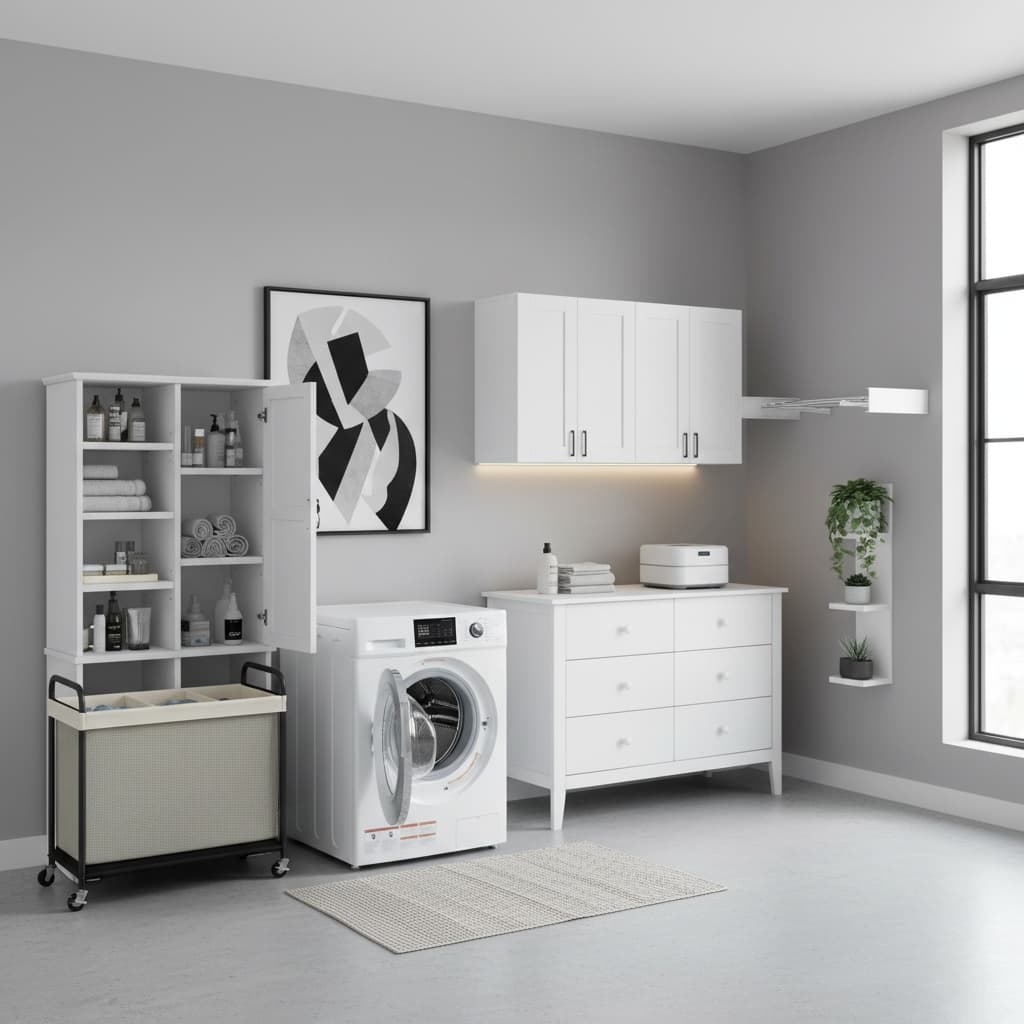 Design a Bohemian Laundry Room with a Monochrome Color Scheme