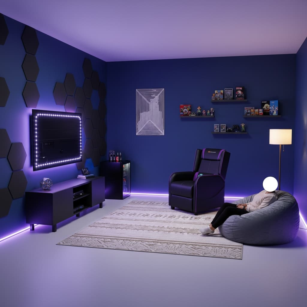 Design a Modern Media and Game Room with a Bold Color Scheme