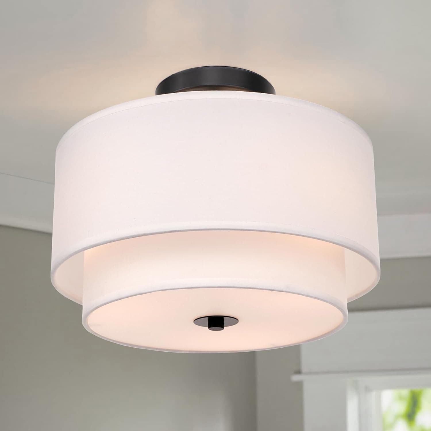 Modern Flush Mount Ceiling Light Fixture - Easric Light Fixtures Ceiling Mount Hallway Light Fixtures Ceiling with White 2-Layer Fabric Shade Drum Ceiling Lights for Bedroom,Living Room,Kitchen,Foyer
