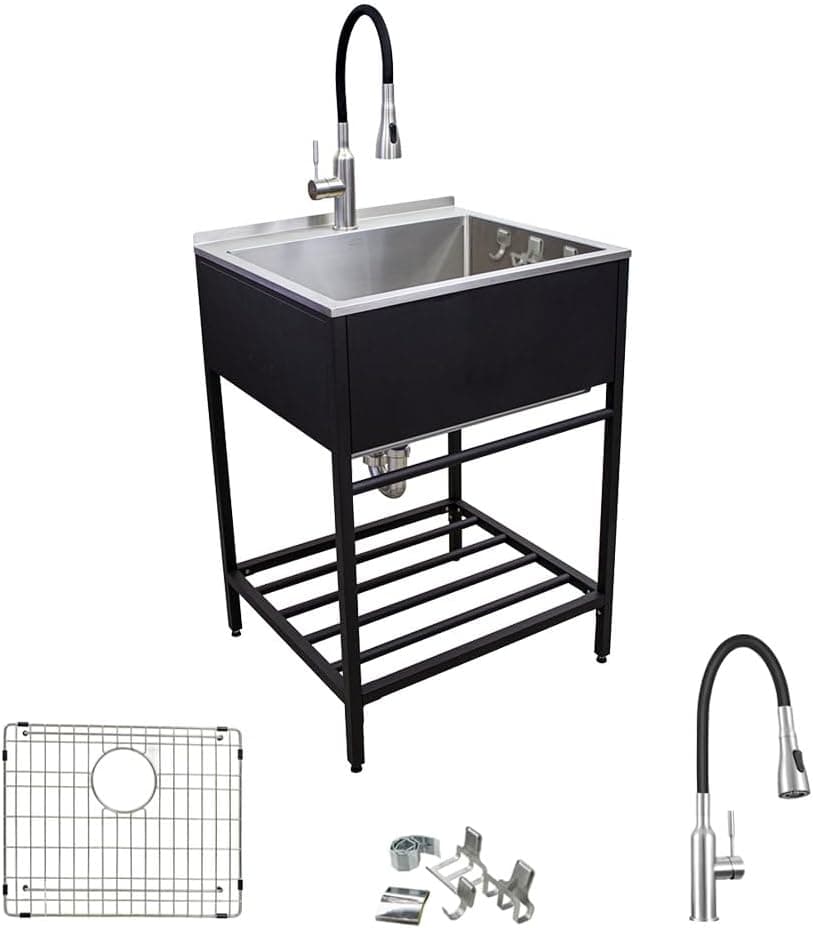 Transolid TFH-2522-MB 25 in. x 22 in. x 34.3 in. Stainless Steel Laundry Sink with Wash Stand in Matte Black