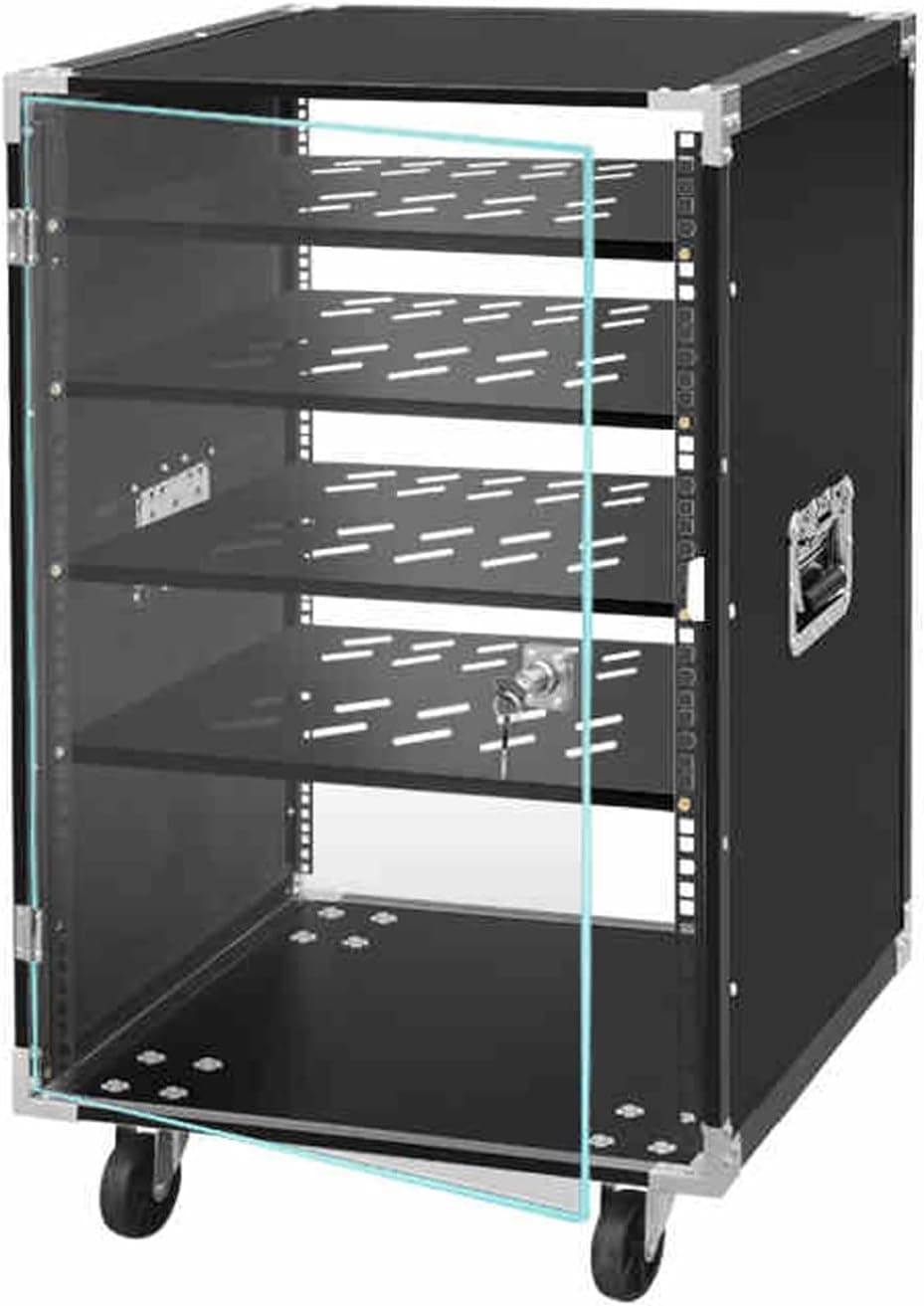 AV Cabinet with Glass Doors - 5-Tier Stereo Audio Rack Stand Tower, Black, for Living, Recording Room