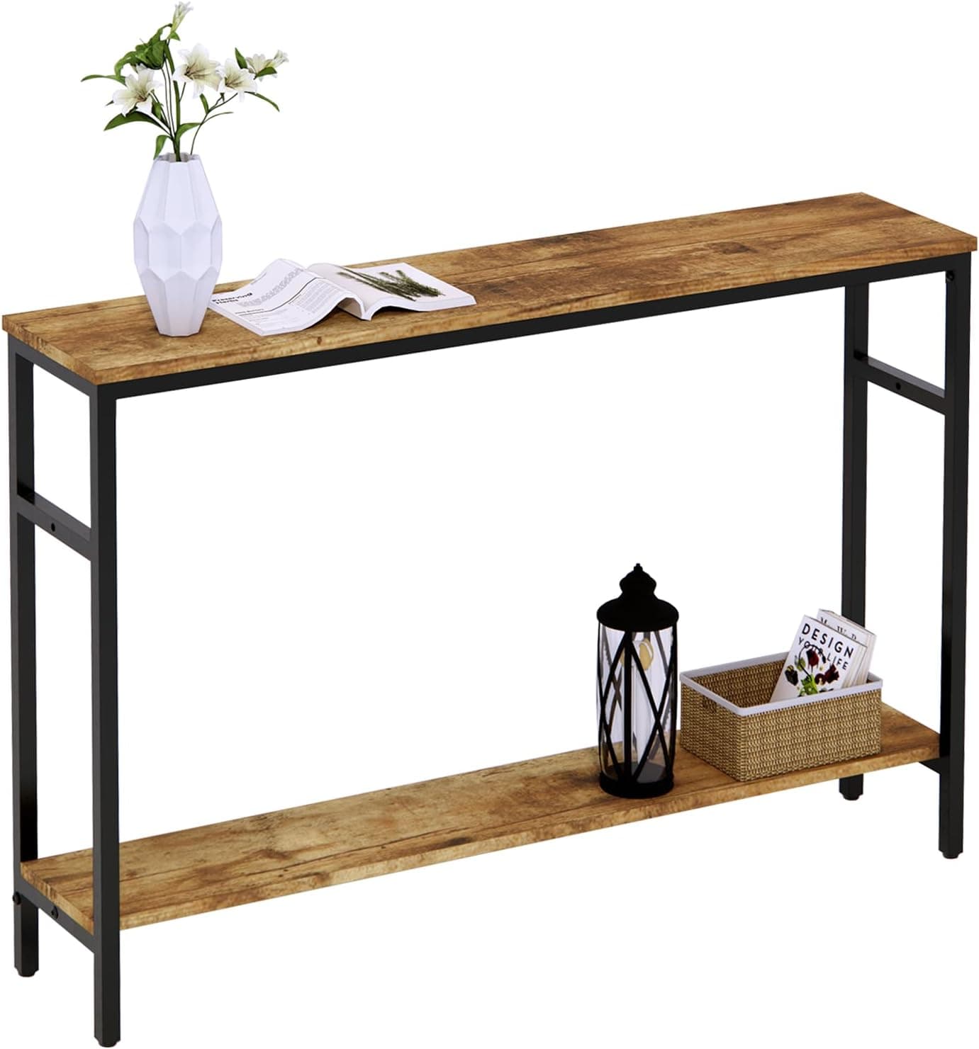Narrow Console Table, 47 Inch Sofa Table with Adjustable Shelf, 2-Tier Long Skinny Table for Hallway, Entryway, Living Room, Foyer, Rustic Brown
