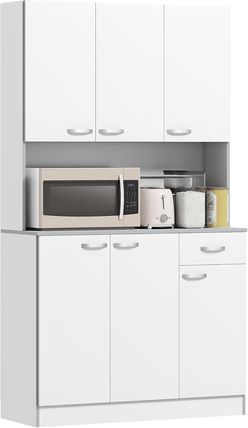 HOMCOM 71" Kitchen Pantry Cabinet, Tall Storage Cabinet with Microwave Stand, Modern Kitchen Hutch with Countertop, 6 Doors, Storage Drawer, 3 Adjustable Shelves for Living Room, Dining Room, White