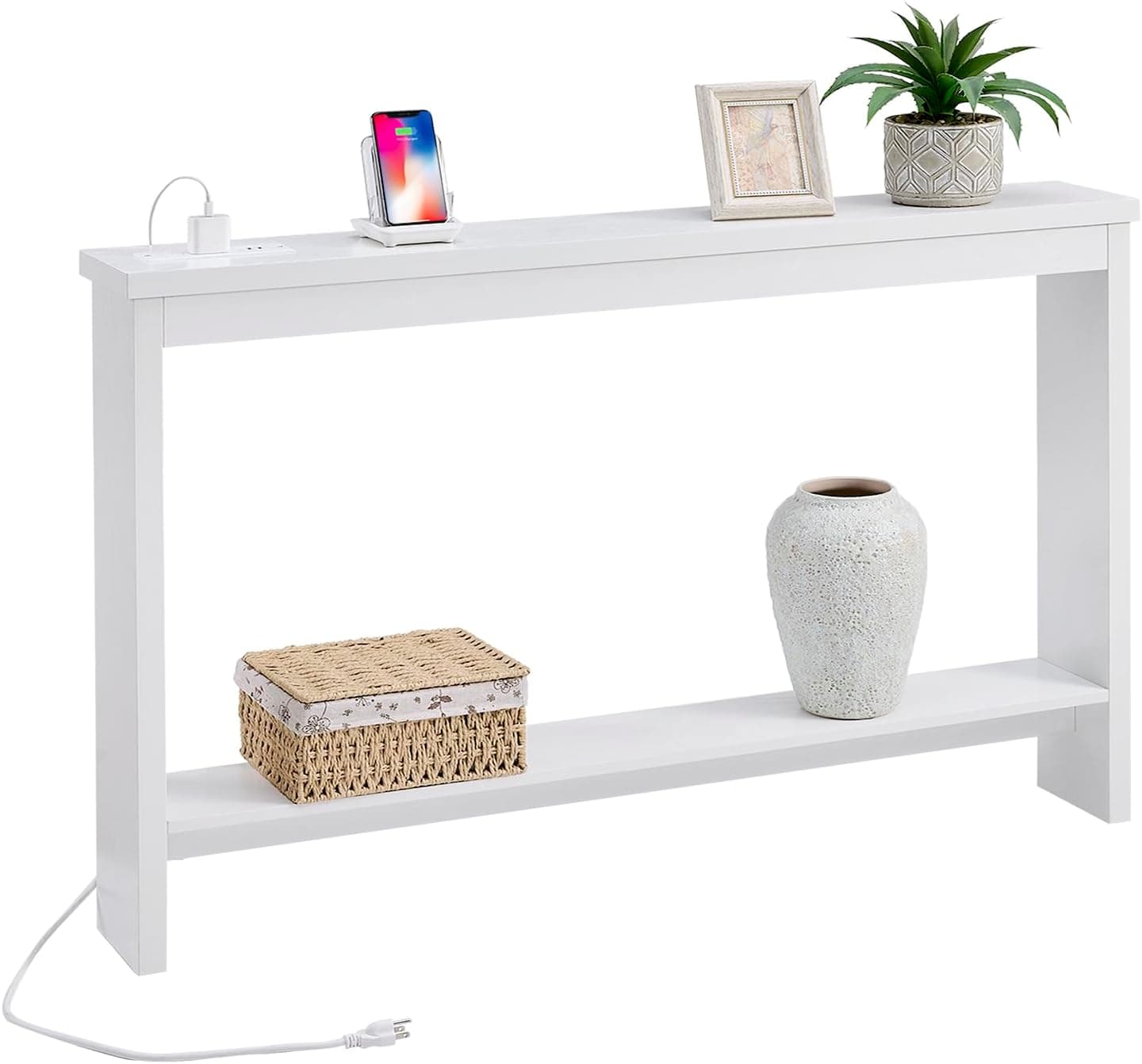 ZGREN Narrow Sofa Table with Outlet and USB Port, Behind Couch Table Skinny Console Table with Charging Station Thin and Long Slim Entryway Table for Living Room, Hallway, Entry Hall, Foyer, White