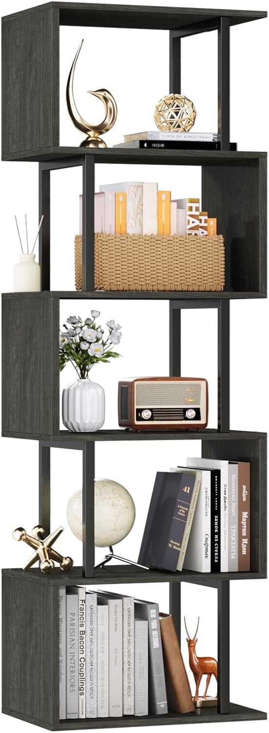 Furologee 6 Tier Bookshelf Tall Geometric Bookcase, S Shaped Industrial Display Standing Shelf, Metal and Wood Decorative Storage Room Divider Shelves for Bedroom, Living Room, Office, Light Black Oak