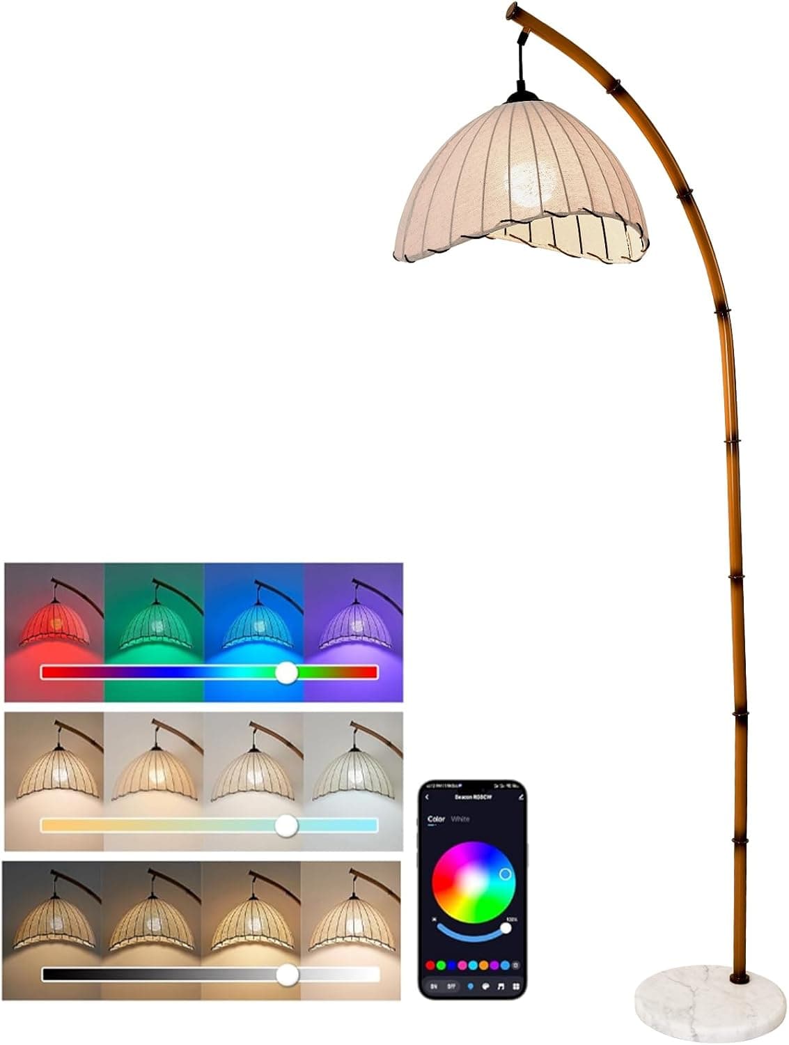Retro Bamboo Floor Lamp - Unique Bohemian Hanging Arc Floor Lamp with Antique Rattan Style, RGB Colorful Dimmable Vertical Lamp for Dining Room Farmhouse Study Living Room