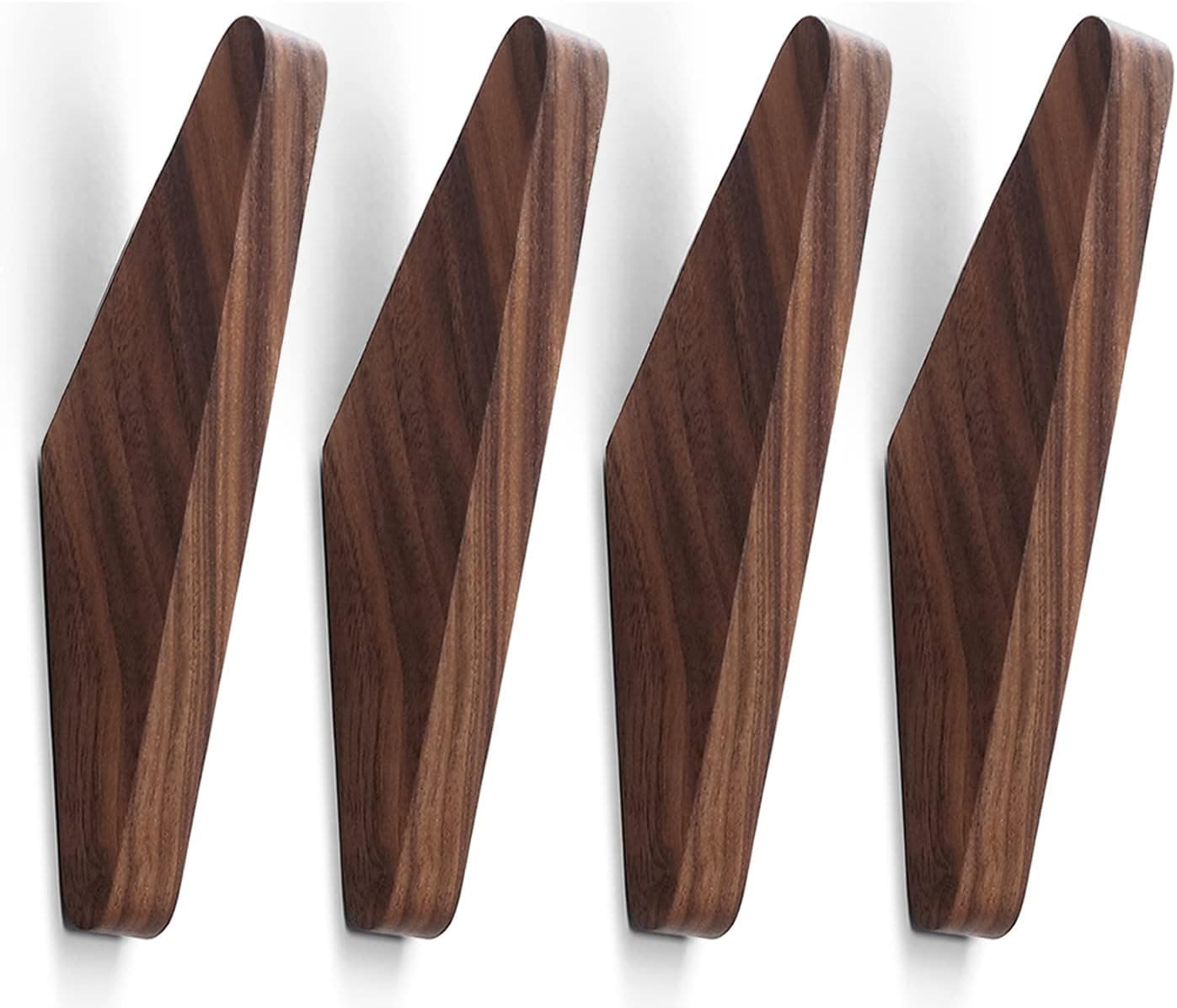 4Pack Wood Hooks Wall Mounted, Minimalist Easy Install Natural Real Walnut Cute Mid Century Modern Simple Rustic Home Foyer Entryway Decor, for Hanging Hat Cap Backpack Bag Coat Towel Clothes