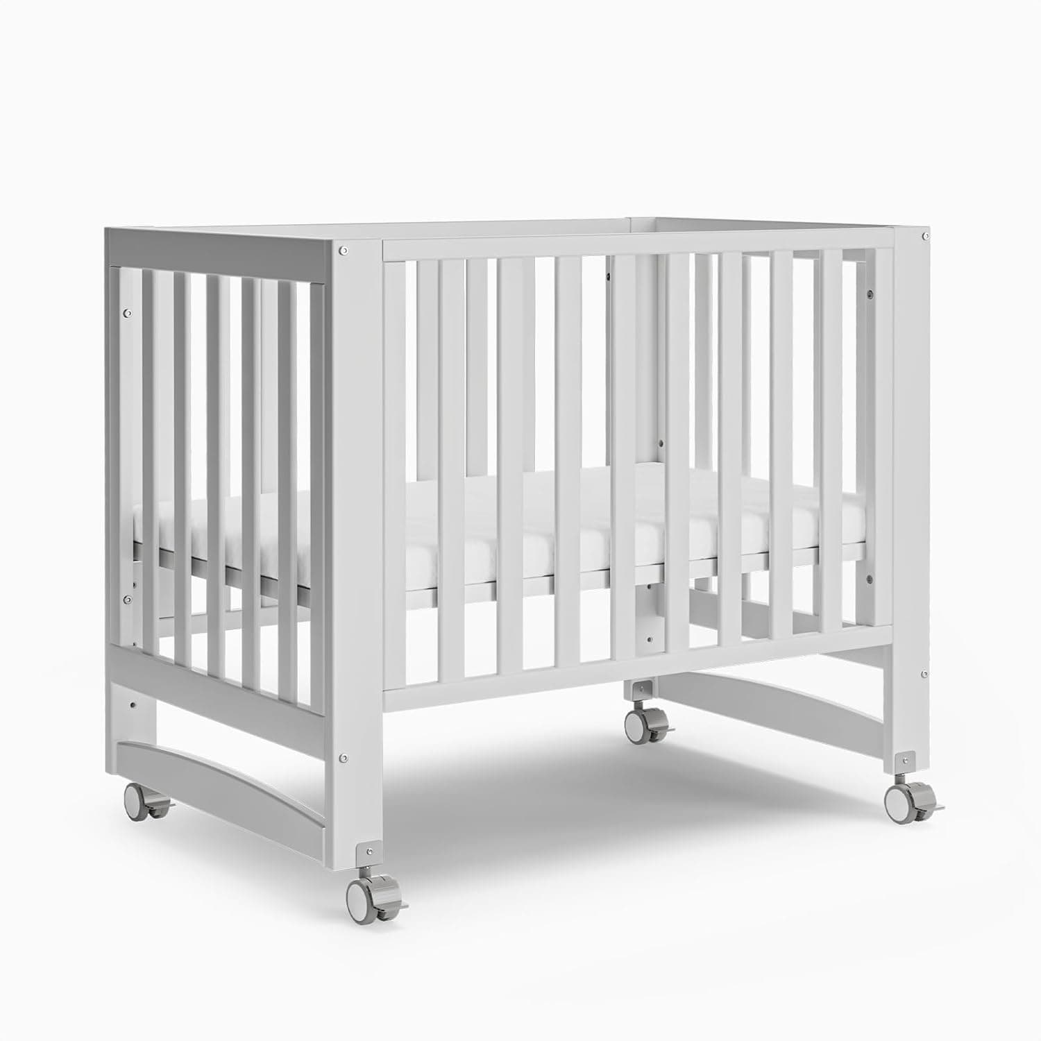 EvoNest Baby Crib, 6 in 1 Convertible Mini Crib with Wheels, 100% New Zealand Wood Growing Bed, 4 Adjustable Mattress Height，White