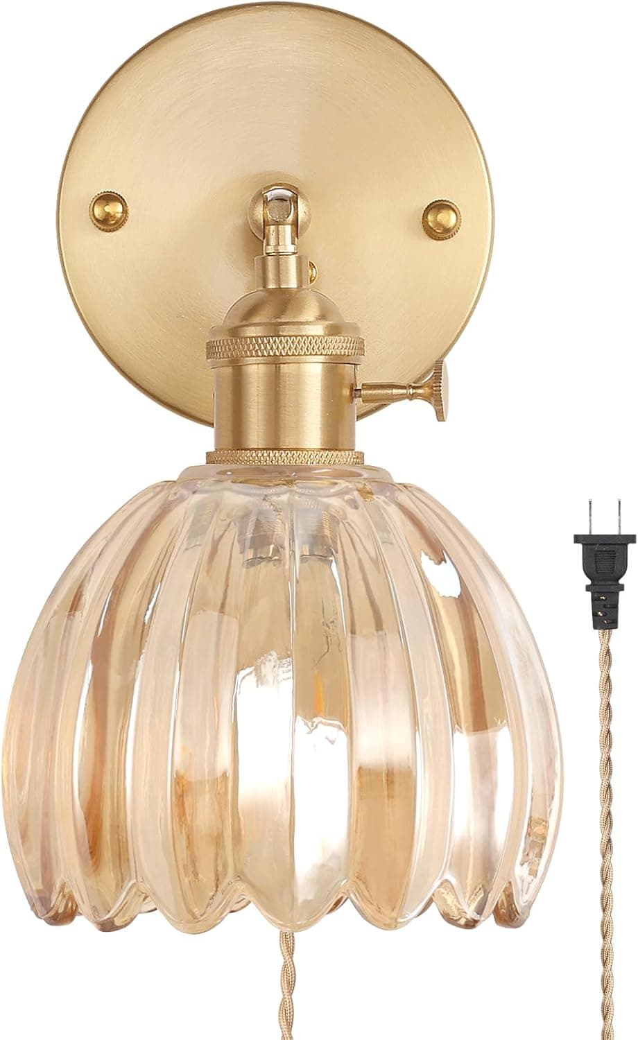 Plug in Wall Sconce,Cute Amber Tulip Glass Lampshade Wall Light Plugin Corded for Bedside Bedroom Doorway