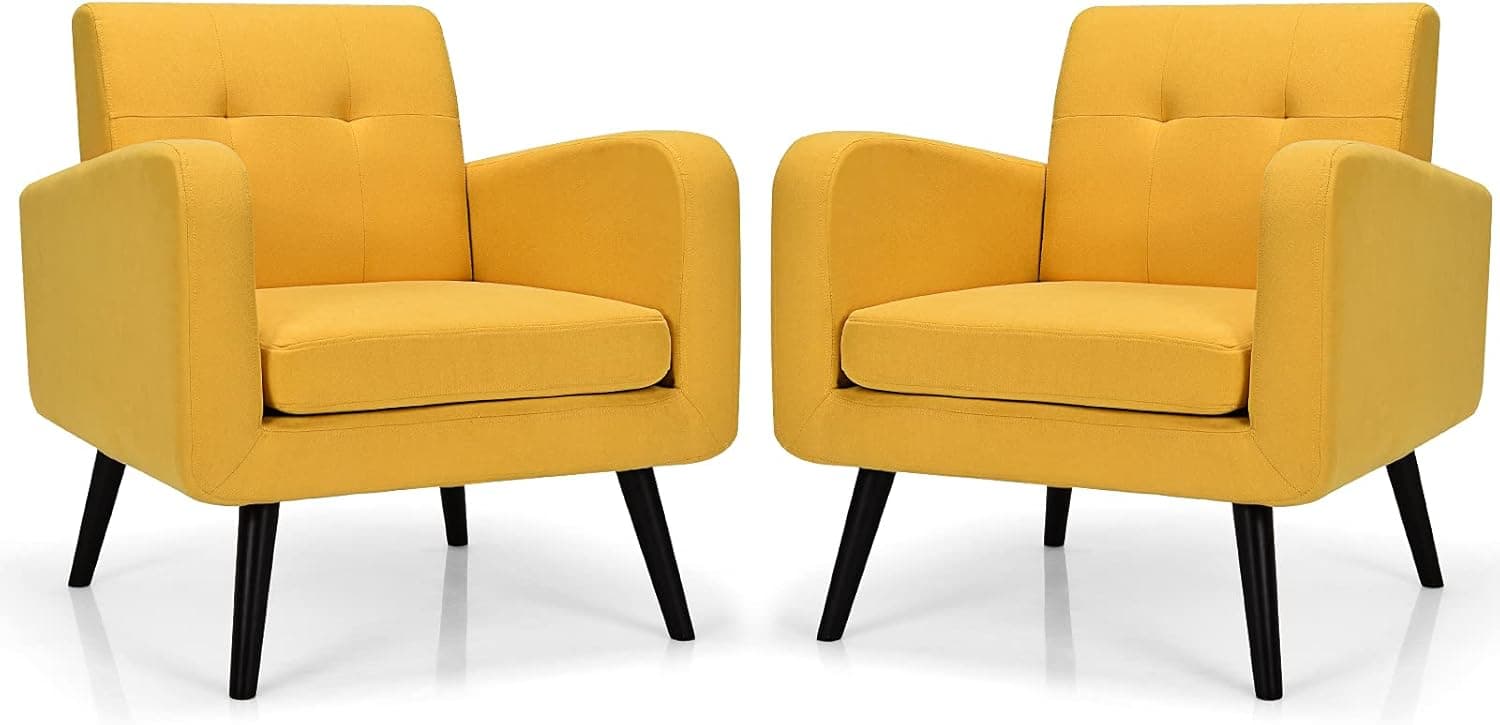 S AFSTAR Modern Upholstered Armchair, Mid-Century Fabric Accent Chair with Rubber Wood Legs, Leisure Lounge Chairs Living Room Furniture (2, Yellow)