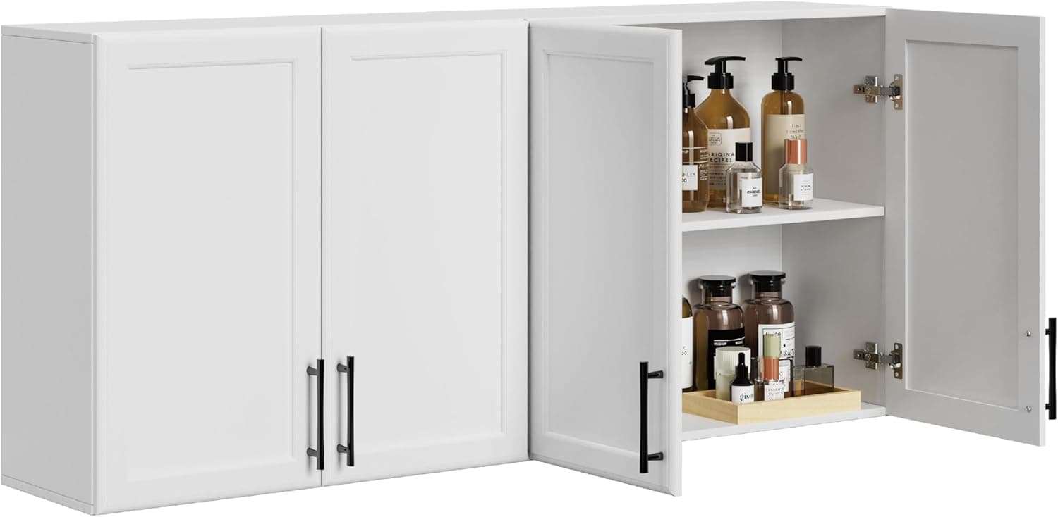 Wall Storage Cabinet - Kitchen Laundry Wall Amount Cabinet with Two Shaker Doors and Shelf, in White, 24'Wx2Pcs