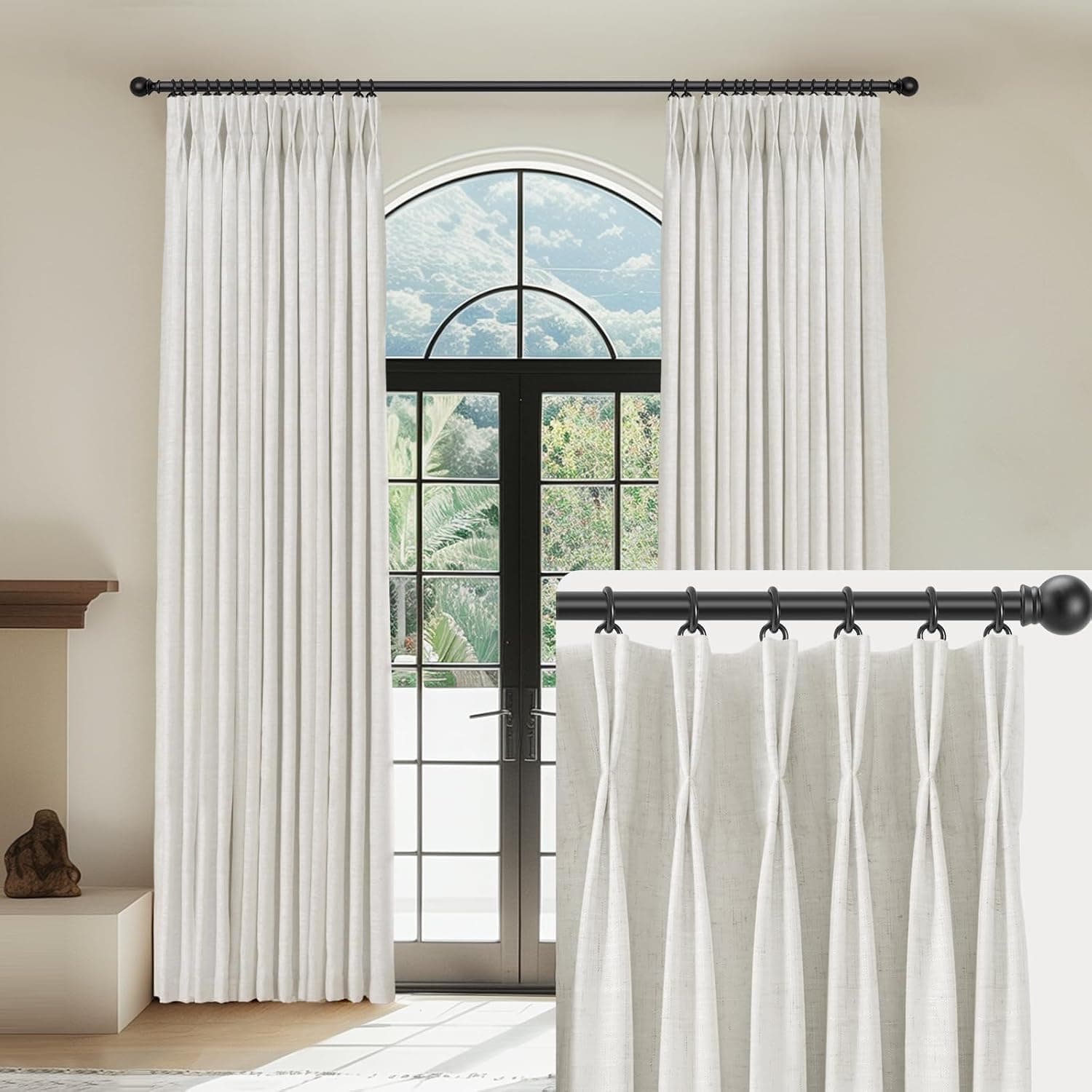 Linen Pinch Pleated Curtains Blackout 100% Black Out Curtains 96 Inches Long 2 Panels with Hooks, Thermal Insulated Pinch Pleat Drapes for Bedroom, 40Wx96L, Natural White