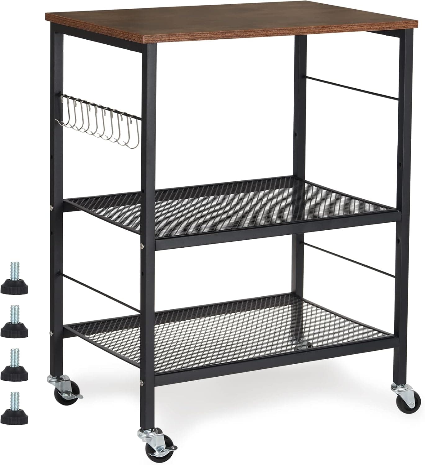 Microwave Oven Stand, Kitchen Baker's Rack 3-Tier Mesh Kitchen Storage Cart with Metal Frame Industrial Wood Accent Furniture for Living Room, Bedroom, Kitchen Rustic Brown