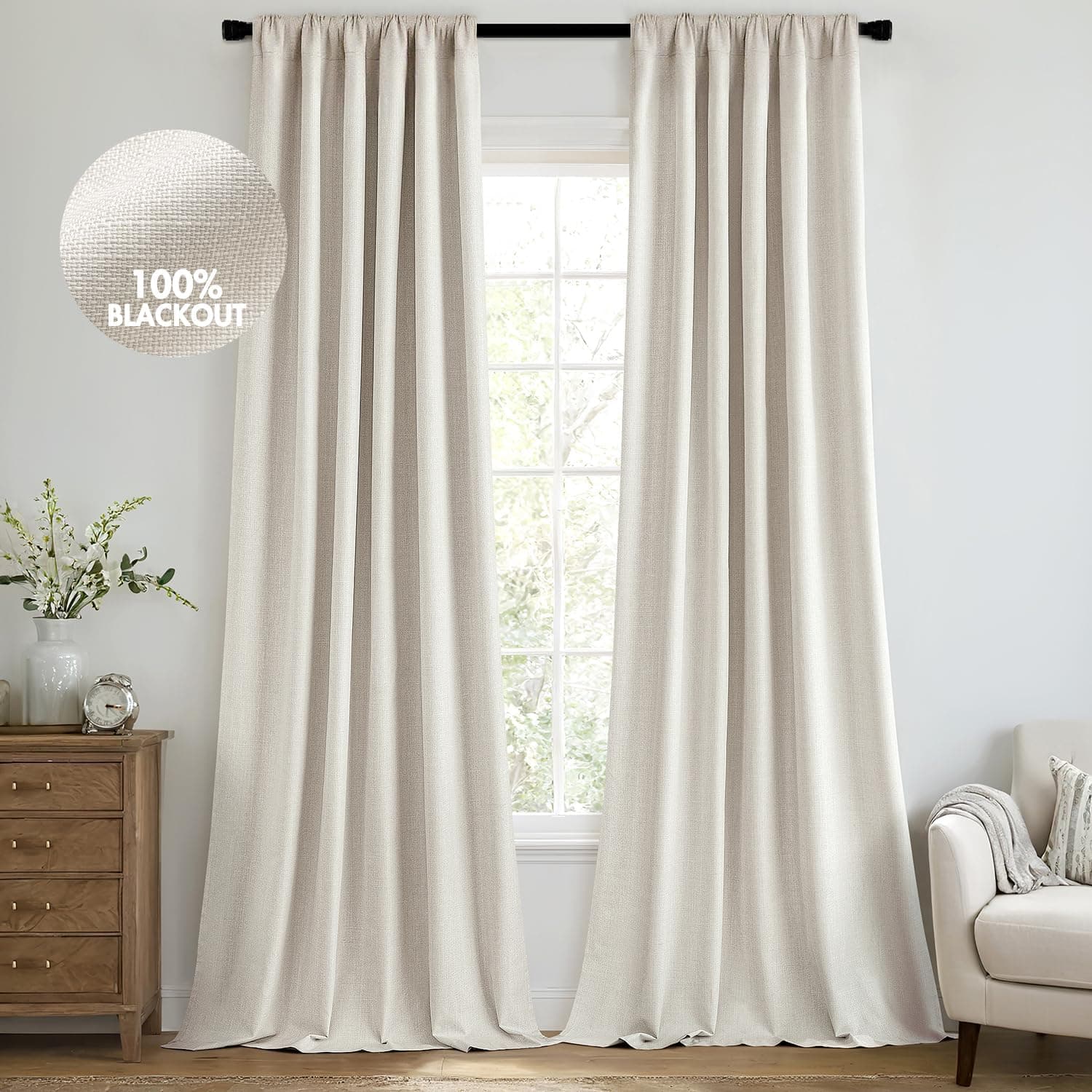 MIULEE 100% Blackout Curtains 108 Inch Long 2 Panels Set for Bedroom, Thick Luxury Faux Linen Black Out Curtain Room Darkening Back Tab Pleat Window Textured Drapes with Hooks for Living Room, Birch