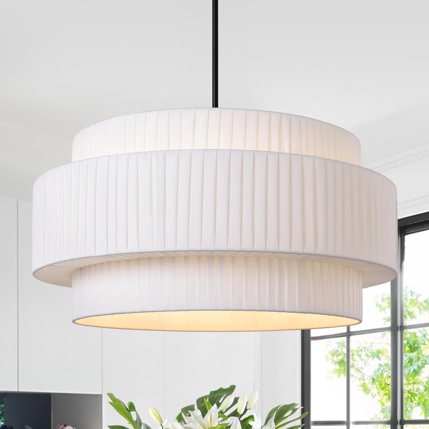 LamQee 23.6inch Farmhouse Fabric Chandelier,3-Tier Large Ceiling Light Fixture Height Adjustable with Round Fabric Shade Modern Pendant Light Dining Room Light Fixtures Over Table