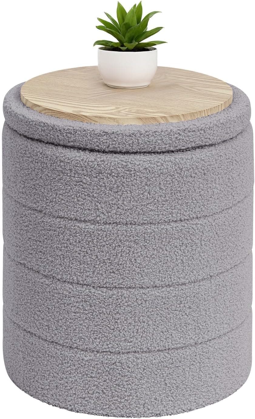 B FSOBEIIALEO Ottoman with Stroage, Round Sherpa Storage Ottoman Stool, Boucle Foot Rest 14.6"x14.6"x17.7"（Grey