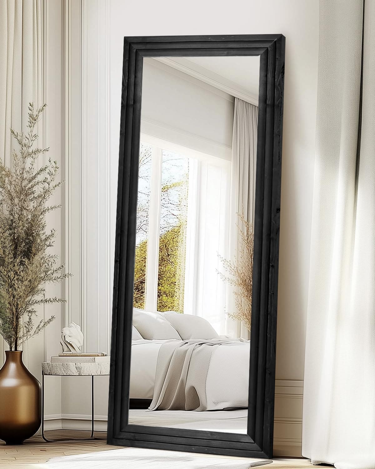 Full Length Mirror 65"x24" Solid Wood Frame Floor Large Mirror for Living Room, Bedroom Hanging or Leaning Wall-Mounted, Black