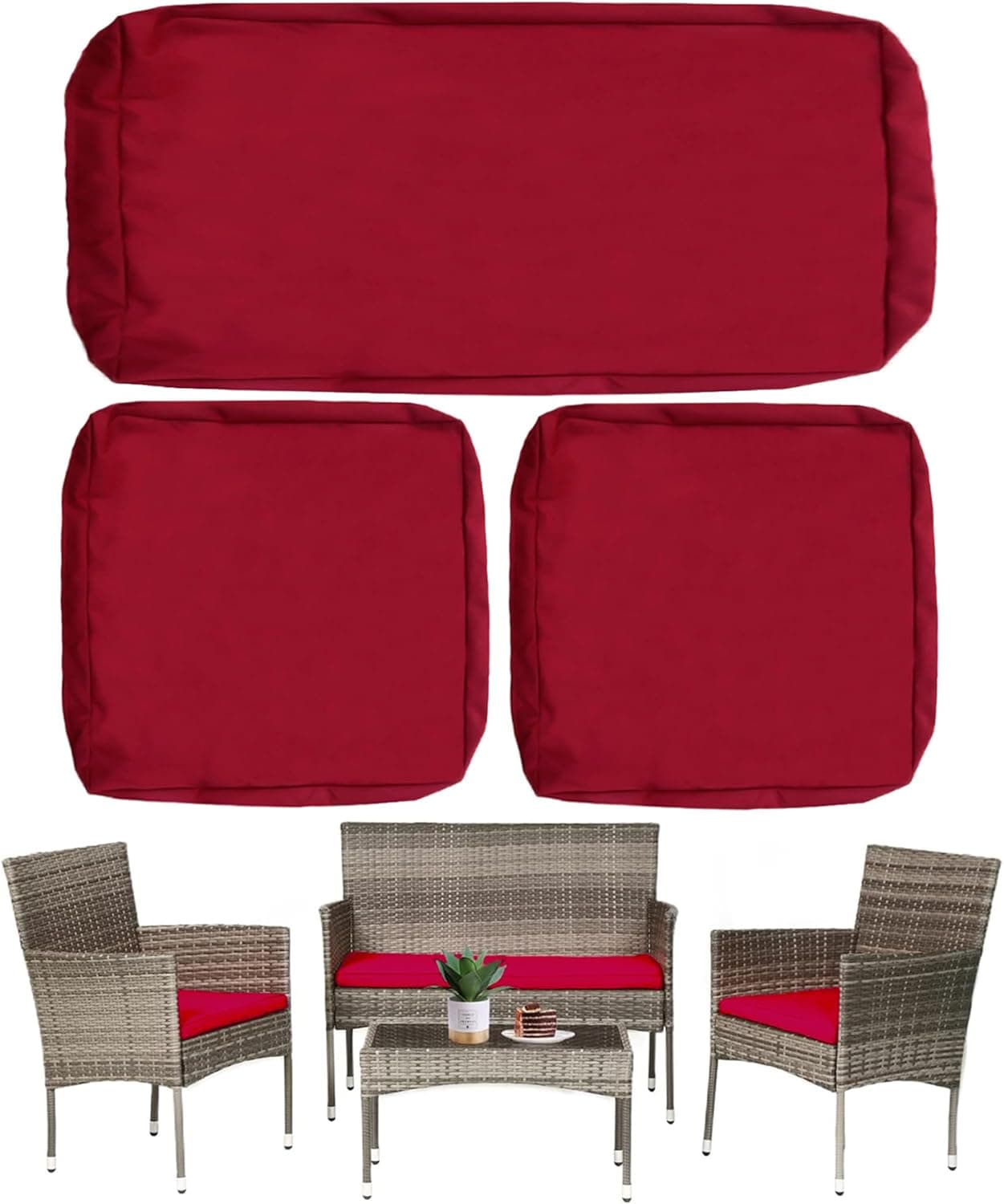 Outdoor Patio Seat Cushion Covers, 3 Pack Waterproof Replacement Cushion Cover Fit for 4-Seater Wicker Rattan Conversation Set Loveseat Chair Couch Furniture, Cover Only, 38x19x2,19x19x2, Burgundy