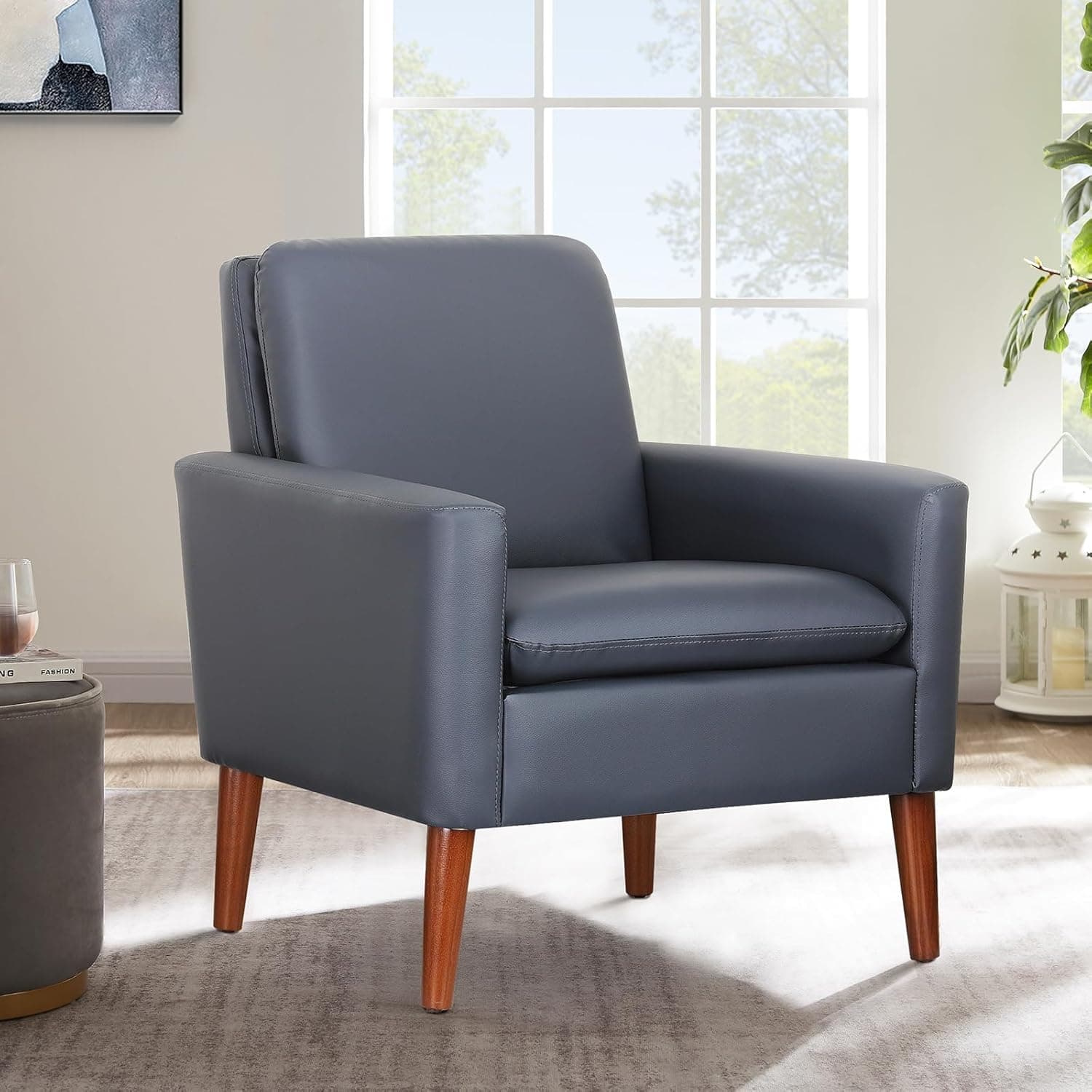 Lohoms Faux Leather Accent Chair for Living Room, Mid-Century Modern Comfy Reading Chairs for Bedroom, Upholstered Armchair for Apartment, Waiting Room, Wood Legs, Dark Blue
