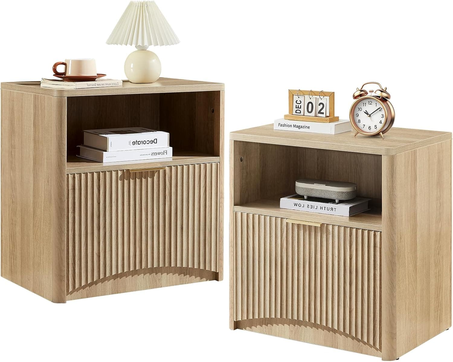 Fluted Nightstand Set of 2, Natural Oak Bedside Table with Drawer and Storage, Wood End Table Mid Century Modern, Large Night Stand for Bedroom