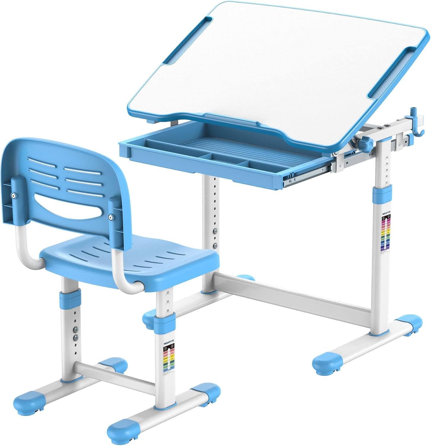 Mount-It! Kids Desk and Chair Set, Height Adjustable Sturdy, Girl Desk, Kids Study Workstation and Chair Set for Boys, Home School, Arts, Drawing, Crafts, Ergonomic Childrens Storage Drawer Blue
