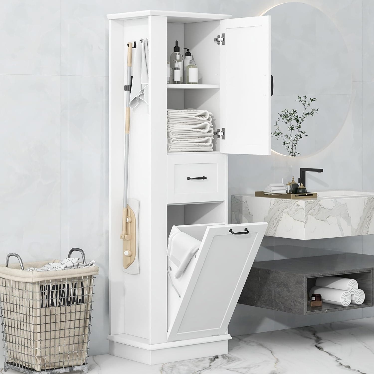 Tall Tilt-Out Laundry Cabinet, Narrow Bathroom Storage Cabinet with Hidden Laundry Hamper Basket, Hooks, Adjustable Shelf, Drawers for Bathroom, Living Room, Kitchen, White