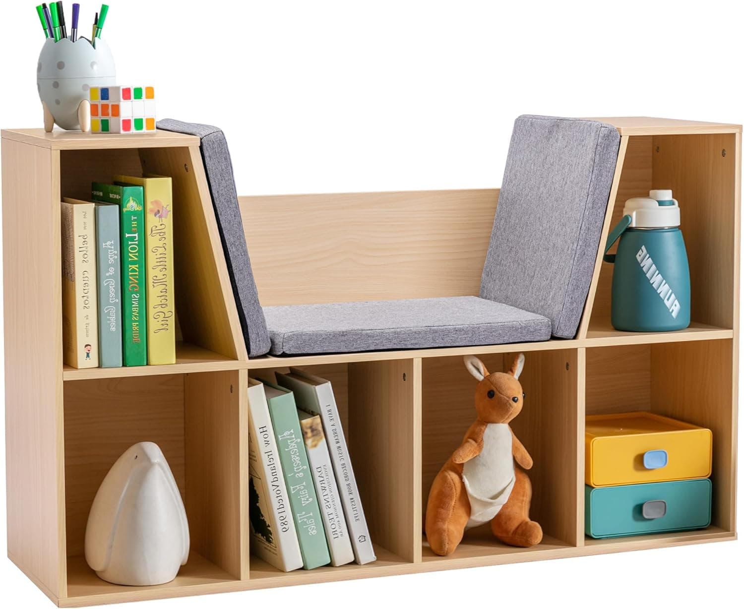 HOMCOM 6-Cubby Kids Bookcase with Reading Nook and Cushion, Multi-Purpose Storage Organizer for Bedroom, Living Room, Natural