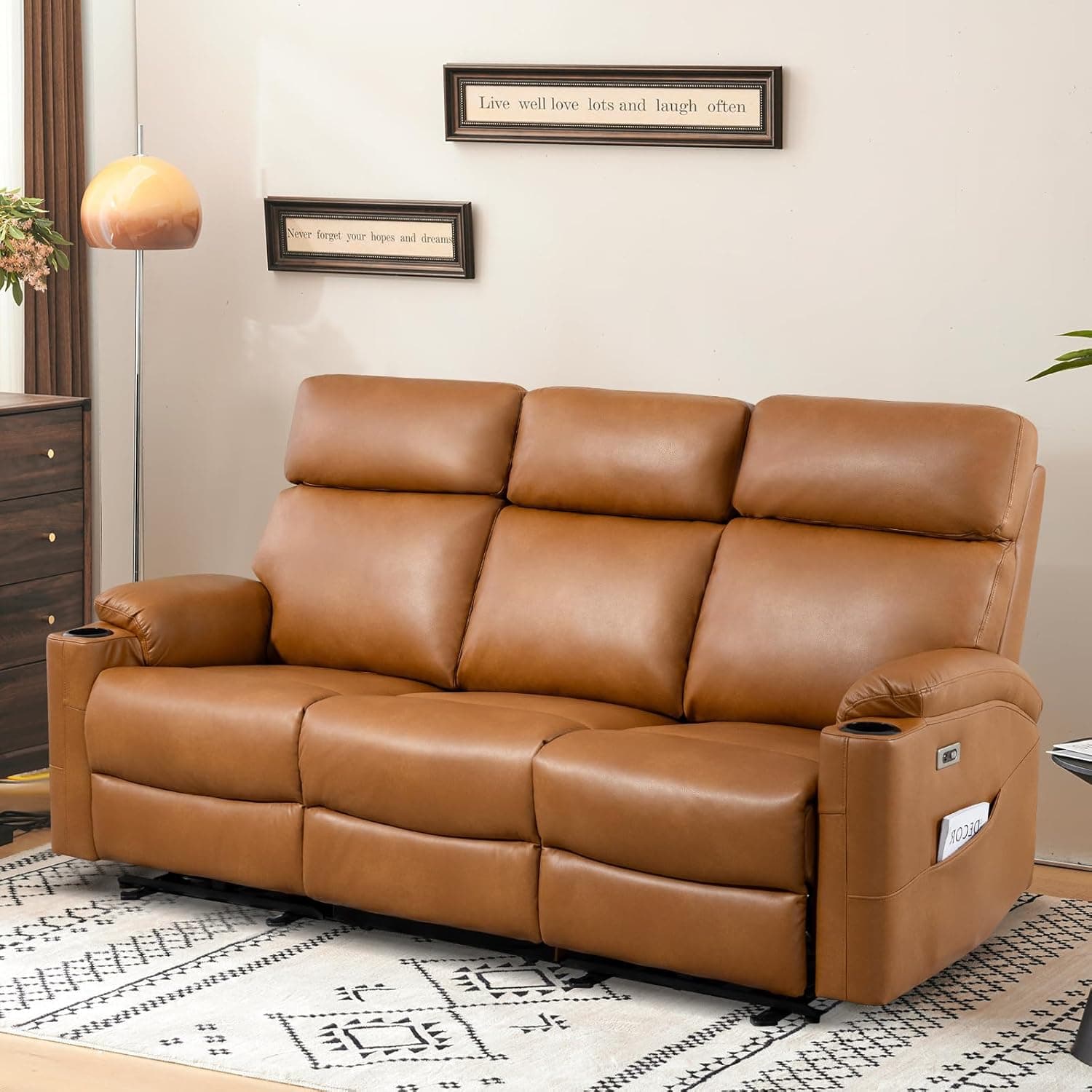 Power Reclining Sofa, Electric 3-Seat Dual Recliner Sofa with USB Ports, Cup Holders, Wall Hugger Sofa & Couch for Living Room Home Theater Apartment RV (Brown)