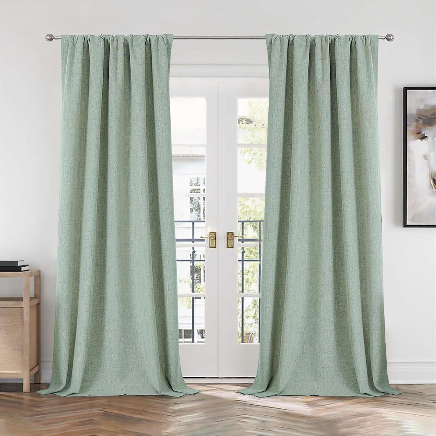 CUCRAF Linen 100% Blackout Curtains 84 Inch Length 2 Panels Set, Back Tab and Rod Pocket Curtain for Living Room Bedroom, Room Darkening Window Drapes Thermal Insulated, (37x84 inch, Sage Green)