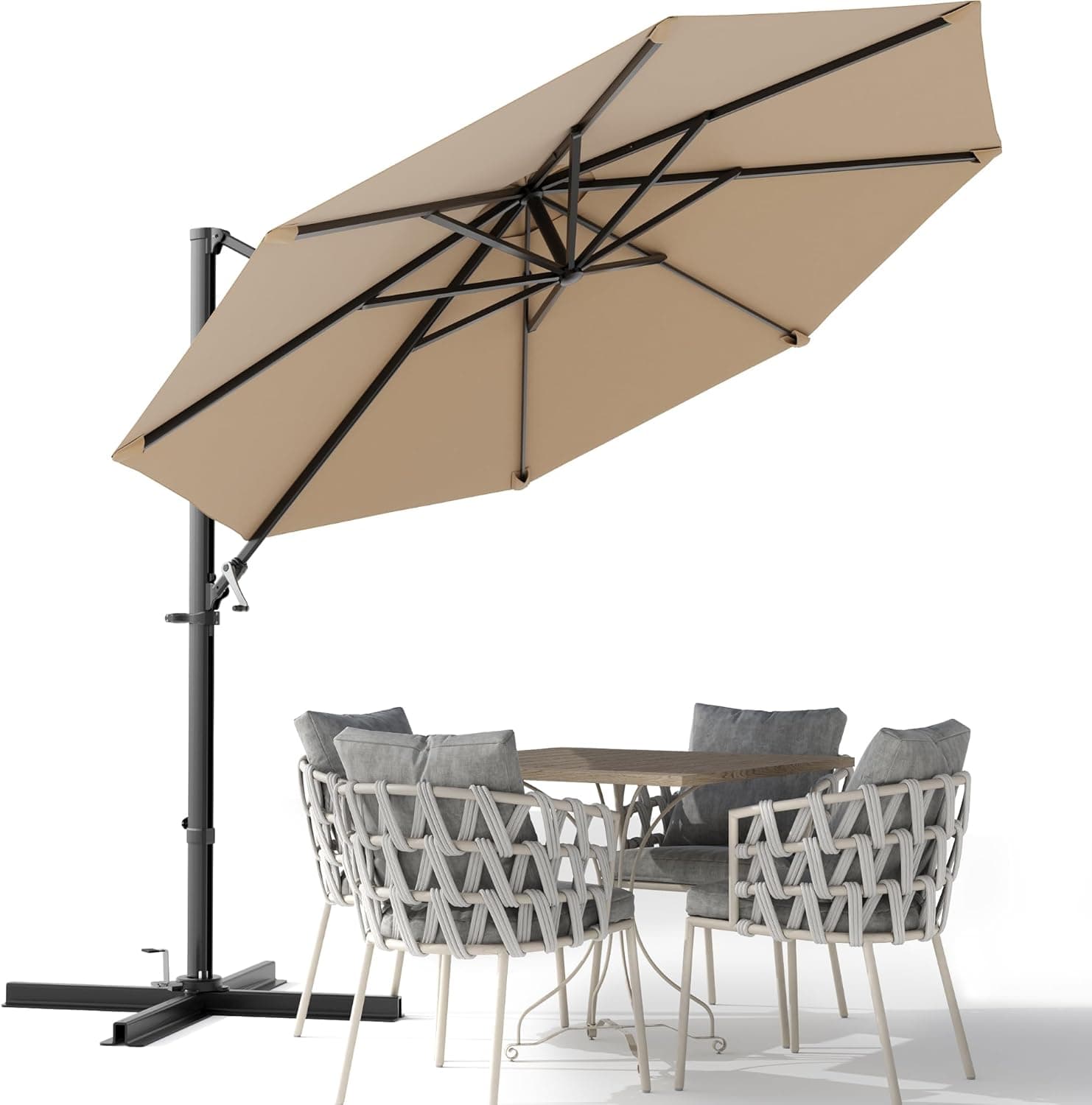 Devoko 10ft Cantilever Patio Umbrella, Round Large Outdoor Umbrella with 360-Degree Rotation, Hanging Offset Market Sun Umbrella, Easy Tilt and Heavy-Duty Frame, for Patio Backyard Garden, Brown