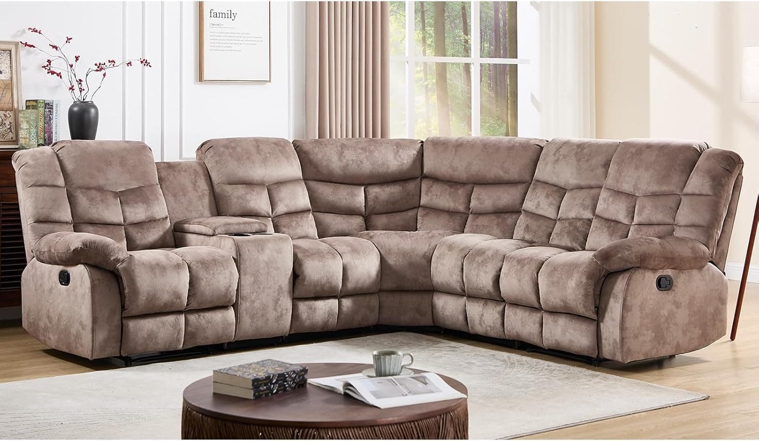 EBELLO Manual Reclining Sectional Sofa Set for Living Room, Soft Fabric Recliner Corner Sectional Couch with Center Console, Cup Holder and Storage, Brown