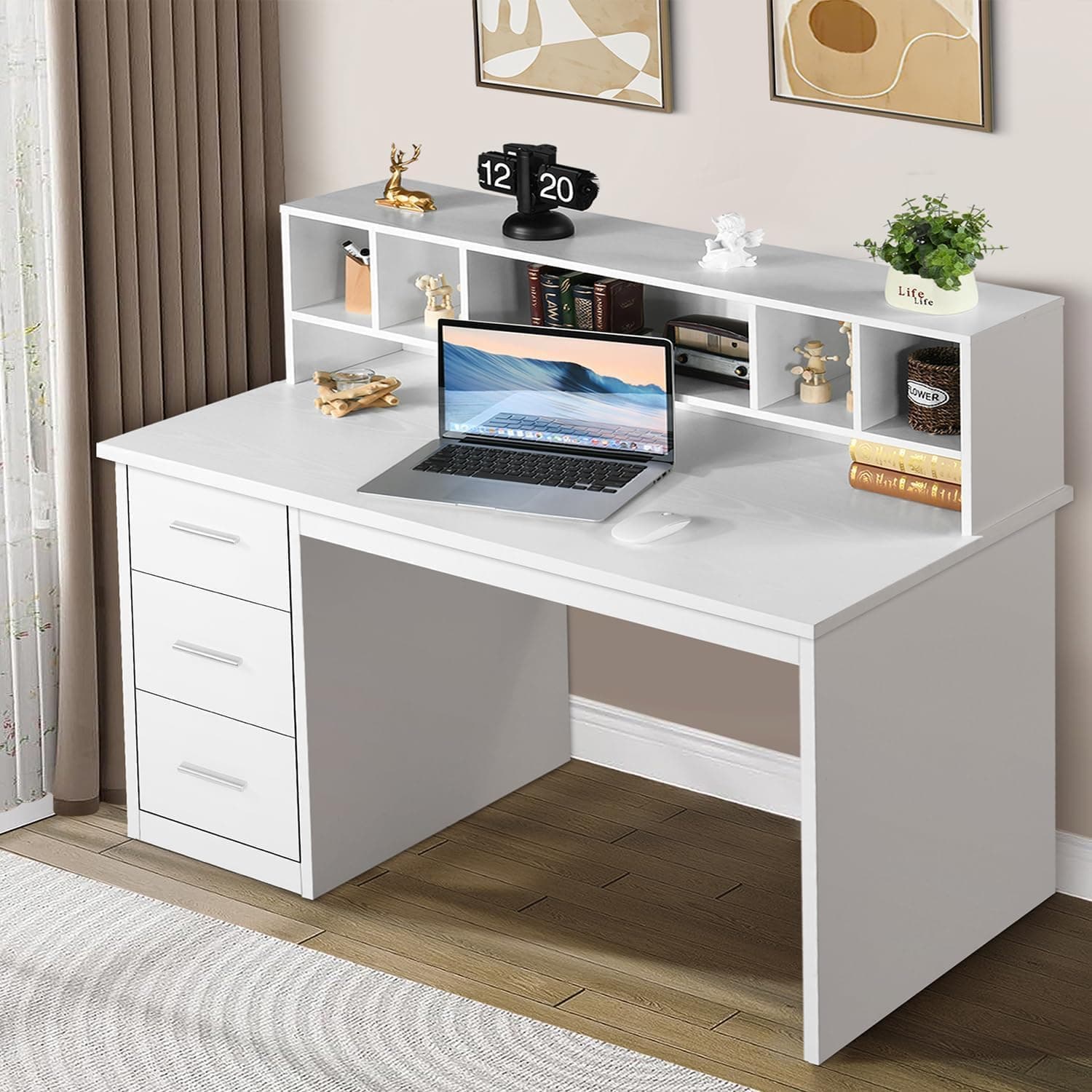 White Desk with Storage Drawers for Kids, Small Desk with Hutch, Wood Study Computer Desk for Bedroom