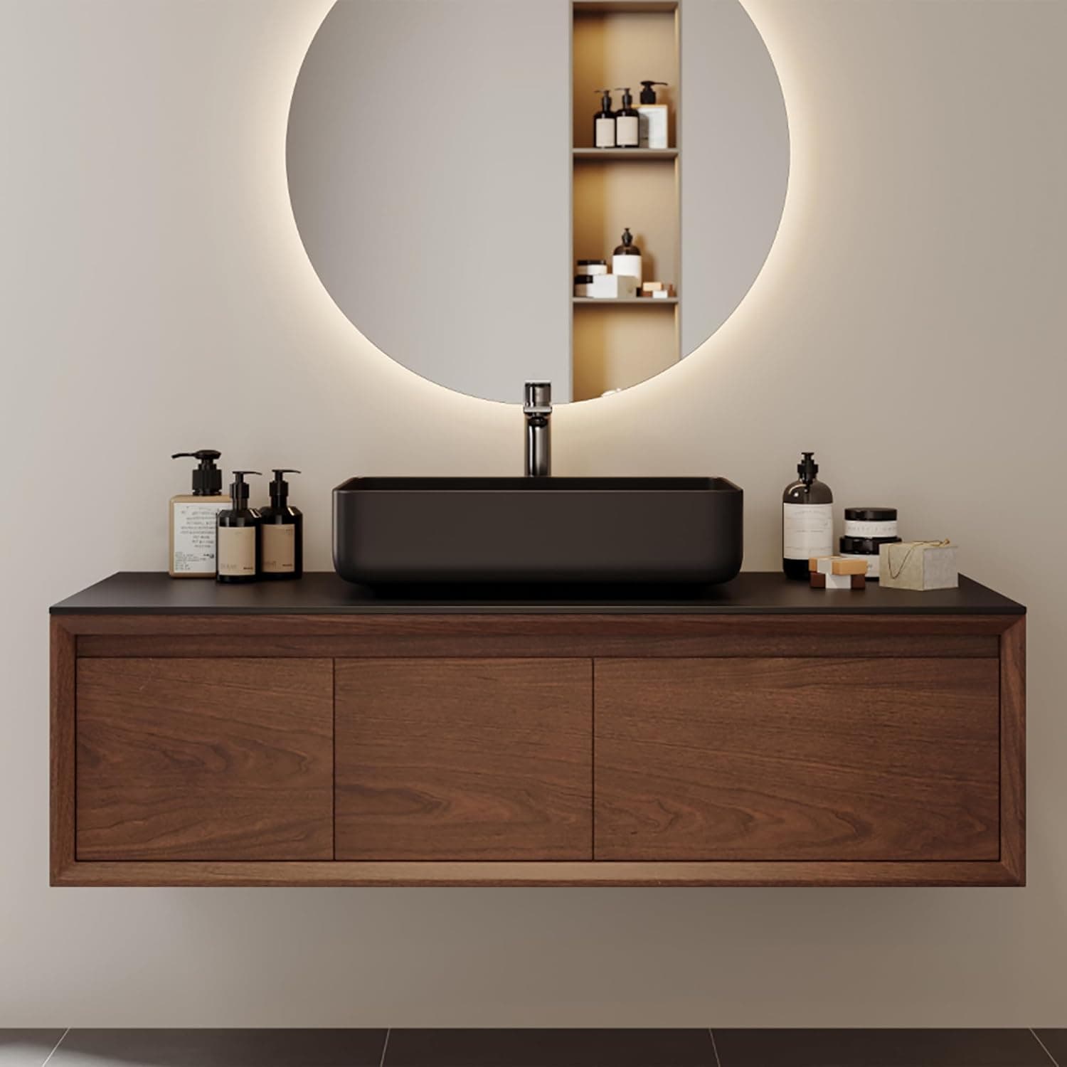 48 Inch Floating Bathroom Vanity with Sink Combo, Mid Century Modern Wall Mounted Bathroom Storage Cabinet with Black Sintered Stone Countertop, Ceramic Basin Sink and 3 Drawers