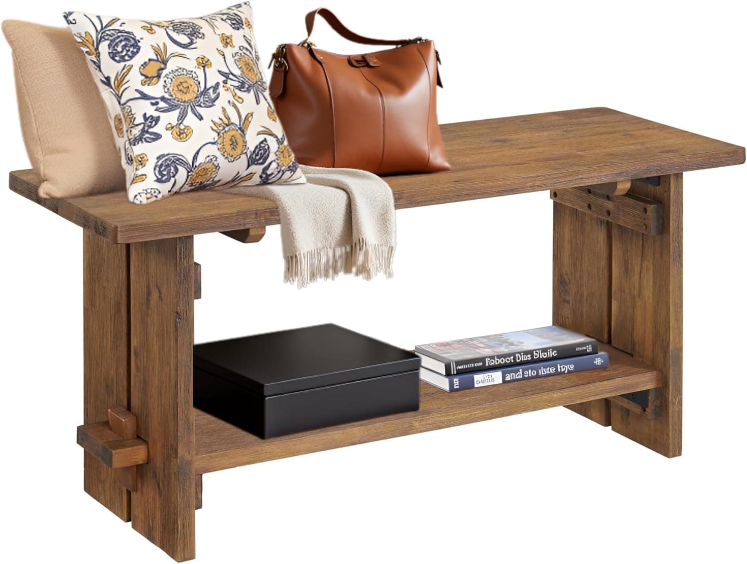 Bethel 40-Inch Rustic Acacia Wood Bench with Storage Shelf – Natural Wood Finish Entryway or Living Room Accent Bench – Solid Wood Seating for Hallway or Mudroom by Alaterre Furniture