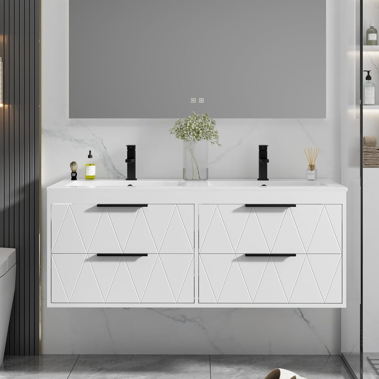 eclife 48" Bathroom Vanities Cabinet with Sink Combo, Wall Mounted Floating Cabinet W/Decor Line, Soft-Close System, 4 Extra Big Drawers, Matte Black Faucet, White