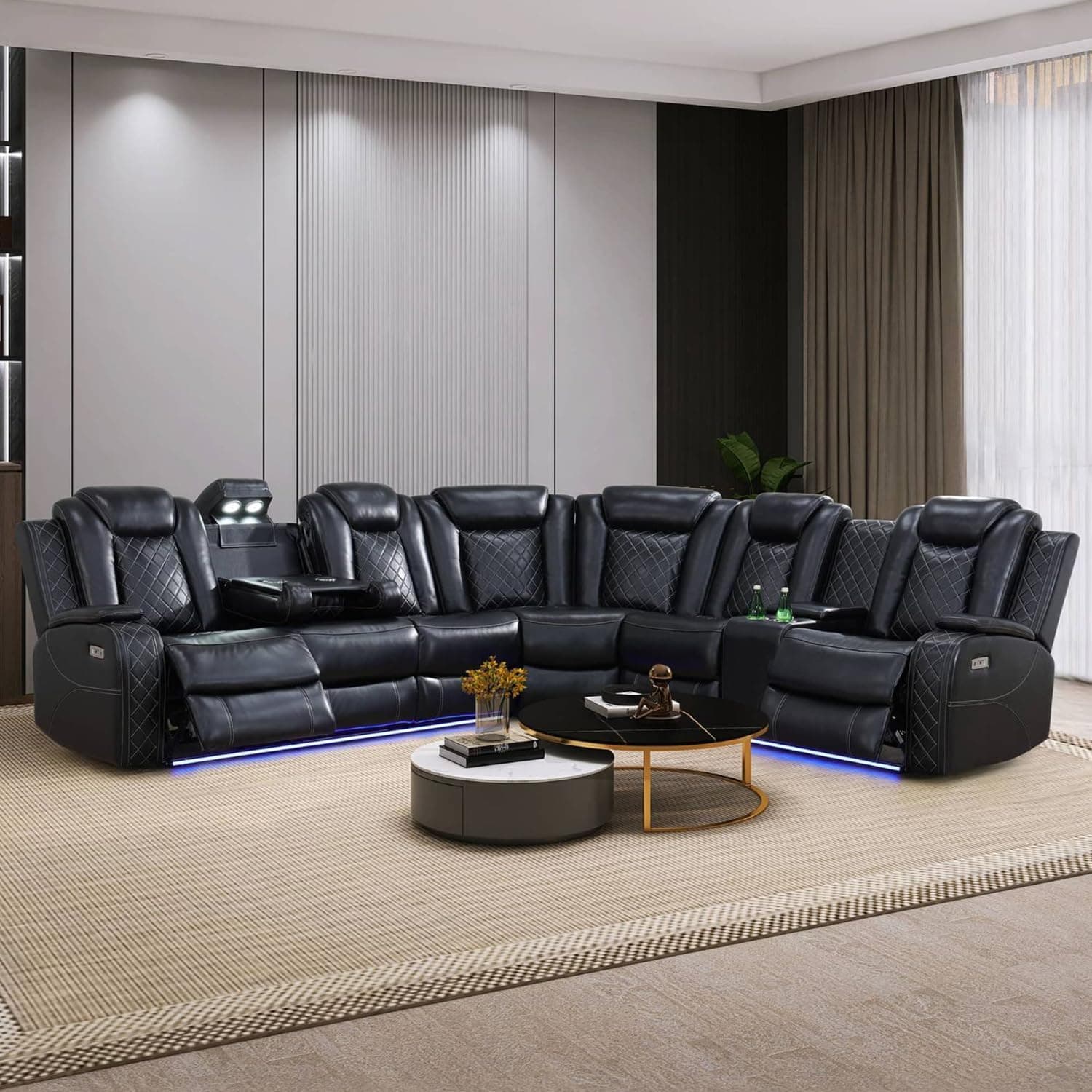 Black Leather Power Reclining Sectional Sofa，Sectional Couch with Recliner Living Room Set with LED Light/Read Light/Storage Console/Home Theater Seat