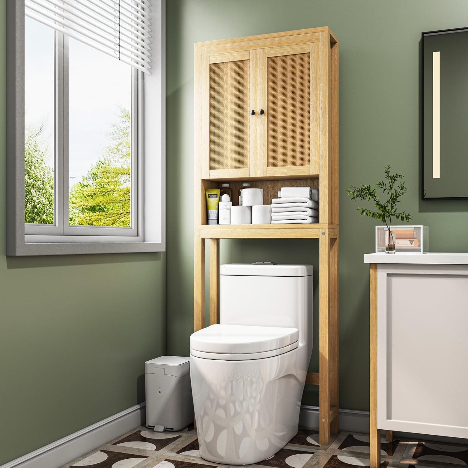 Rattan Over The Toilet Storage Cabinet, Above Toilet Bathroom Organizer with Adjustable Shelf, Behind Toilet Cabinet, Space Saver for Restroom, Bathroom, Laundry, Wood Rack, Natural