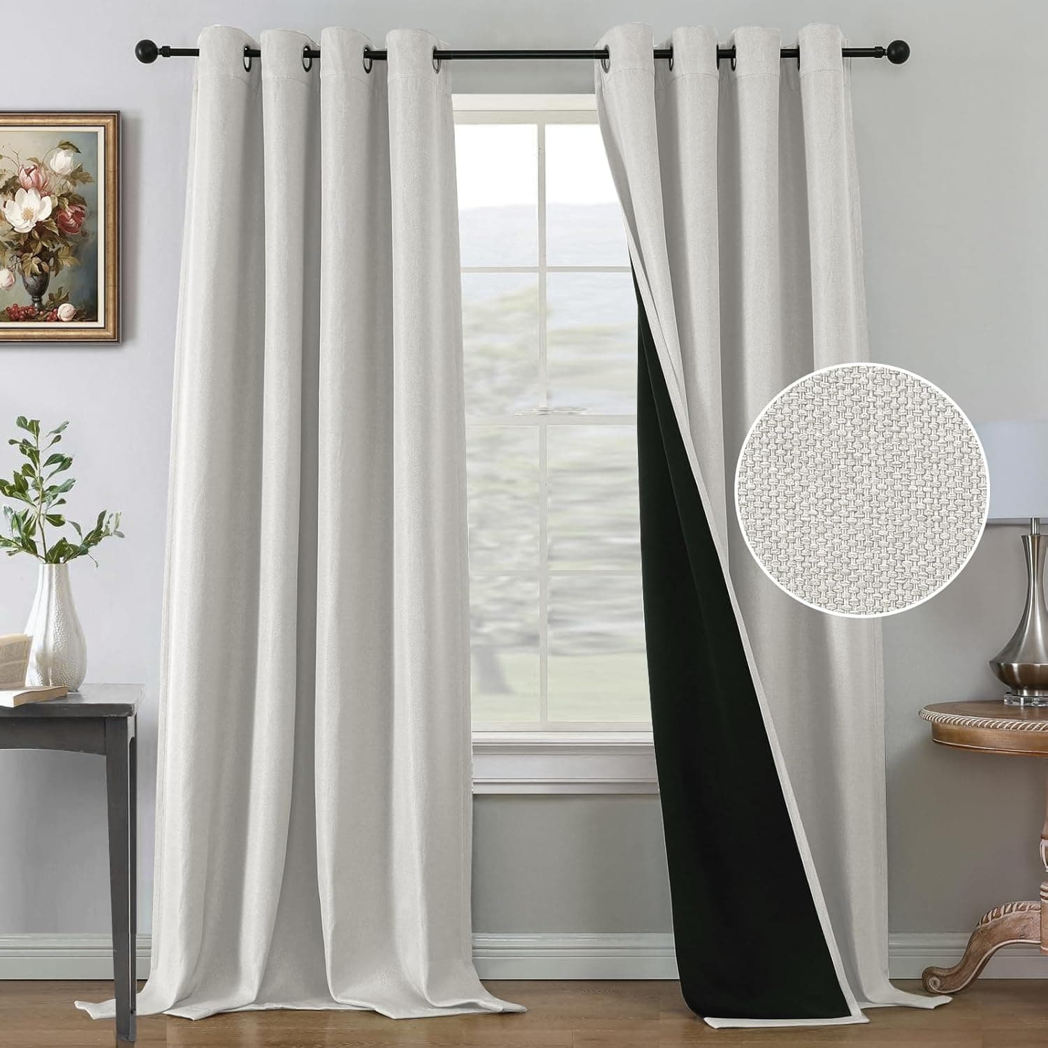 H.VERSAILTEX Farmhouse Boho Curtains for Living Room, 90% Blackout Drapes for Bedroom Energy Efficient, 96 Inch Long Windows Grommet Curtains, Burlap Textured 2 Panels, W52 x L96in, Heather Ivory