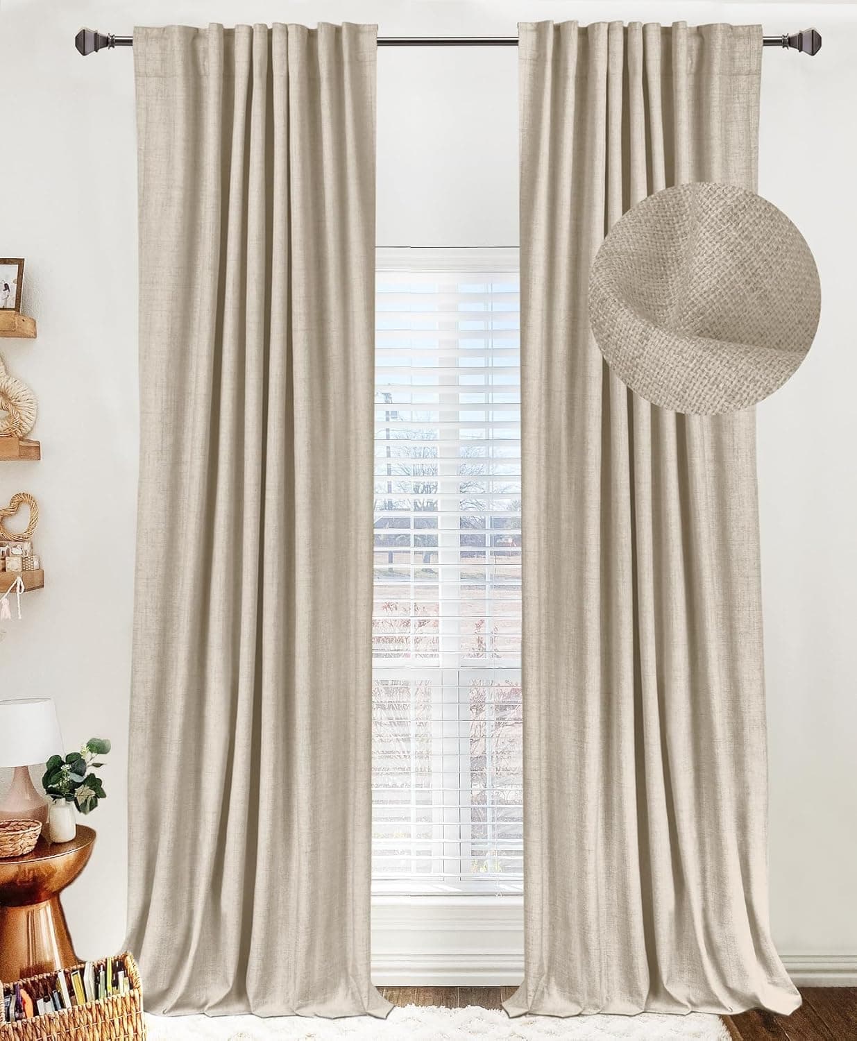 100% Blackout Shield Linen Blackout Curtains for Bedroom 108 Inches Long, Back Tab/Rod Pocket Living Room Drapes, Thermal Insulated Blackout Curtains 2 Panels Set, 50" W x 108" L, Oatmeal