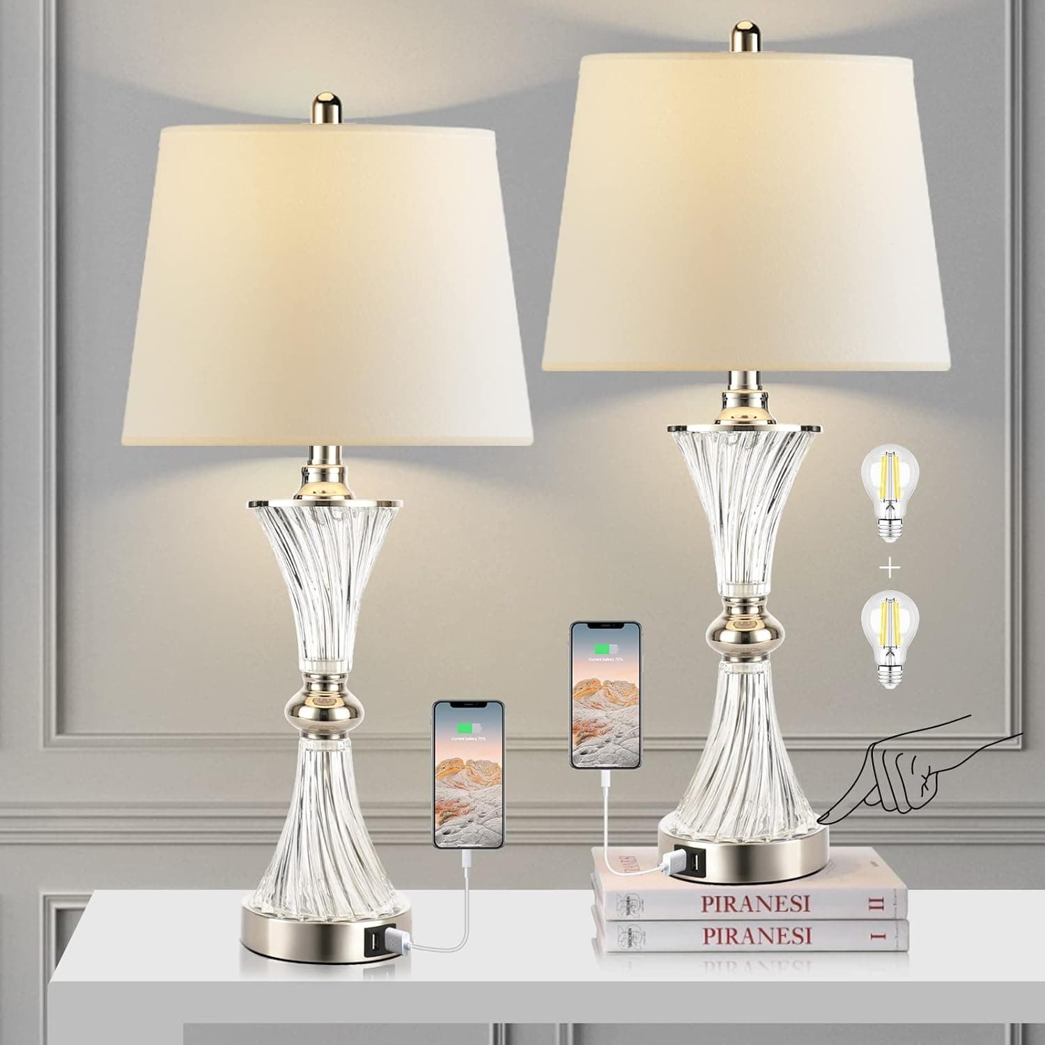 Touch Control Table Lamp for Bedrooms 3 Way Dimmable White Drum Shade Modern Bedsides Nightstand lamp Set of 2 with 2 USB Charging Port(Bulbs Included)