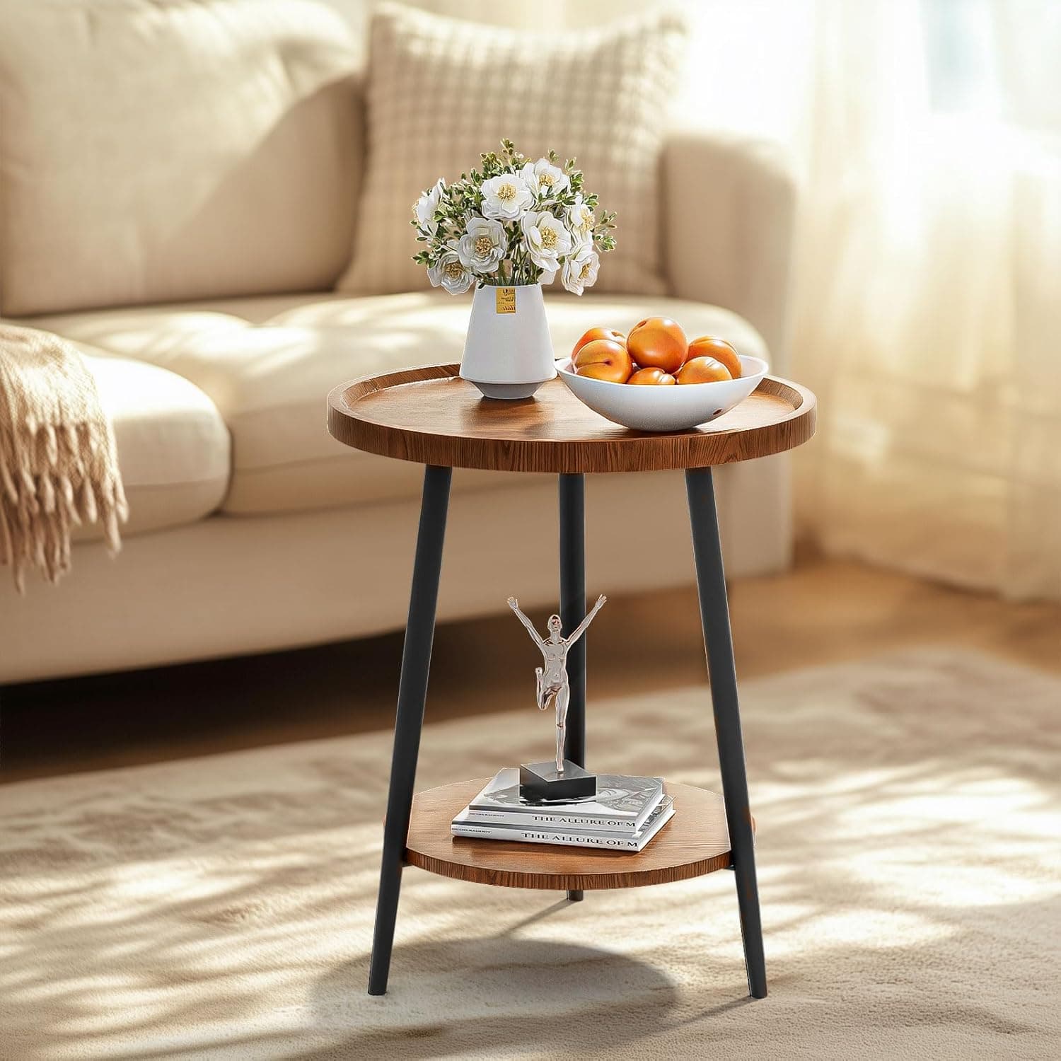 Small End Table, 2 Layers Round Side Table Small Coffee Table Decorative Table for Living Room Bedroom and Other Tight Spaces, Rustic Brown