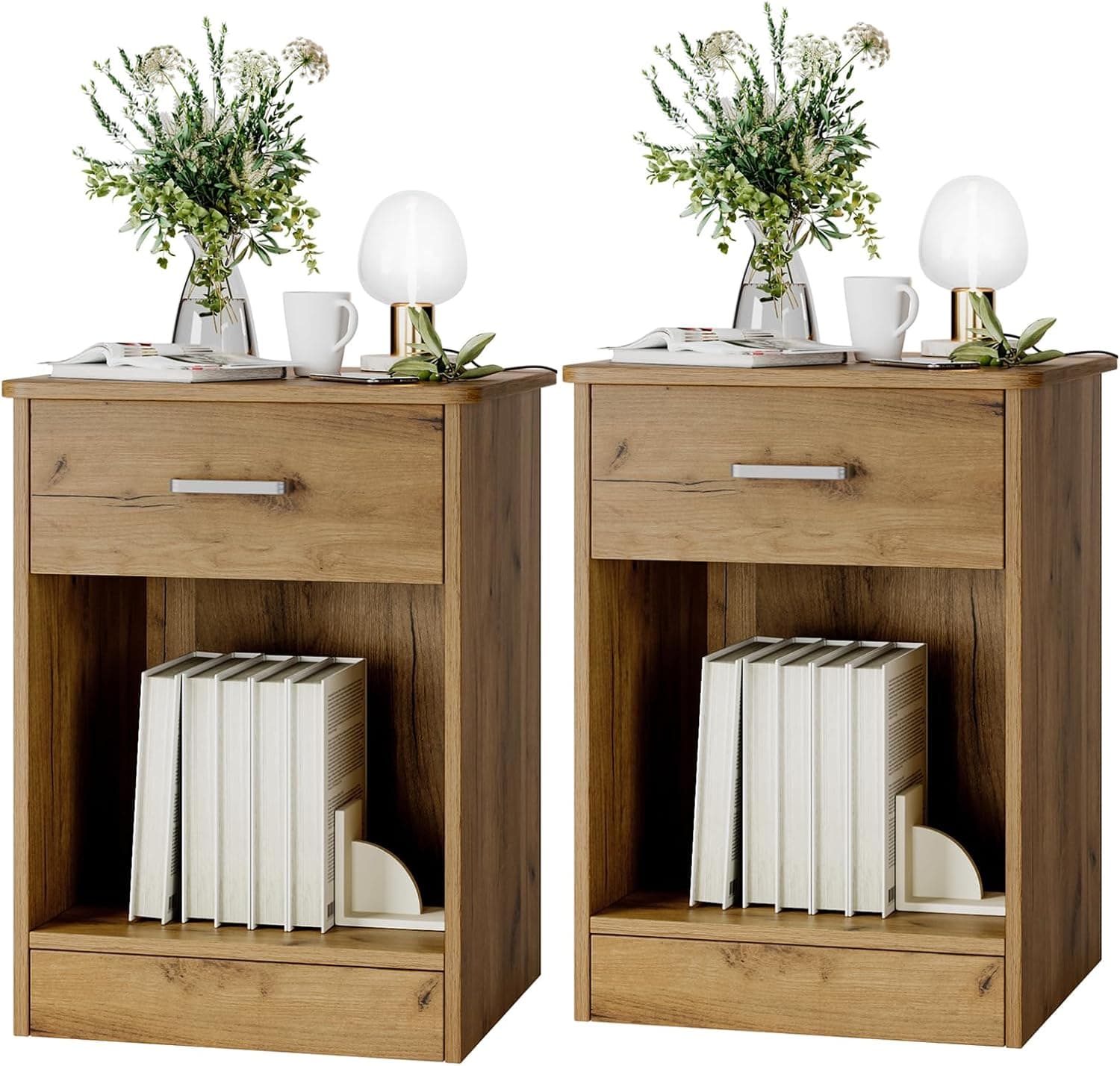 FOTOSOK Nightstand Set of 2, 2-Tier Side Table with Drawer and Storage Shelf, Bedside Table End Table, Modern Night Stand for Bedroom, Home Office,Wooden Grain
