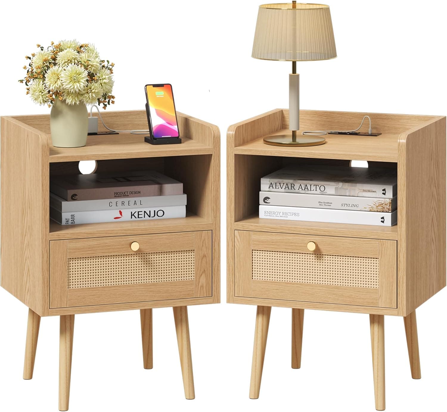 Nightstand Rattan with Charging Station, Mid Century Modern Bed Side Table, Boho End Table with Wood Legs, Bedside Tables for Bedroom Living Room (2, Natural, 11.8" D x 15.9" W x 23.4" H (1 Drawers))