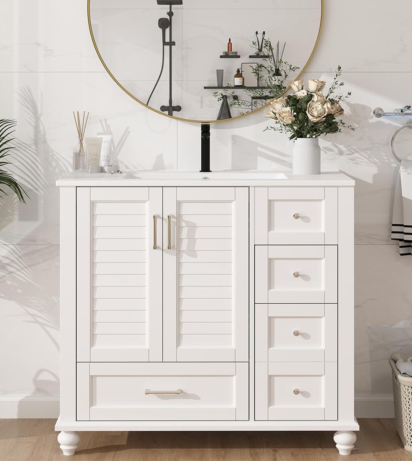 YOURLITE 36" Bathroom Vanity with Sink, Painted Surface Solid Wood Frame Bathroom Storage Vanities Set with 3 Drawers, Louvre Design Cabinet with Integrated Ceramic Sink, White