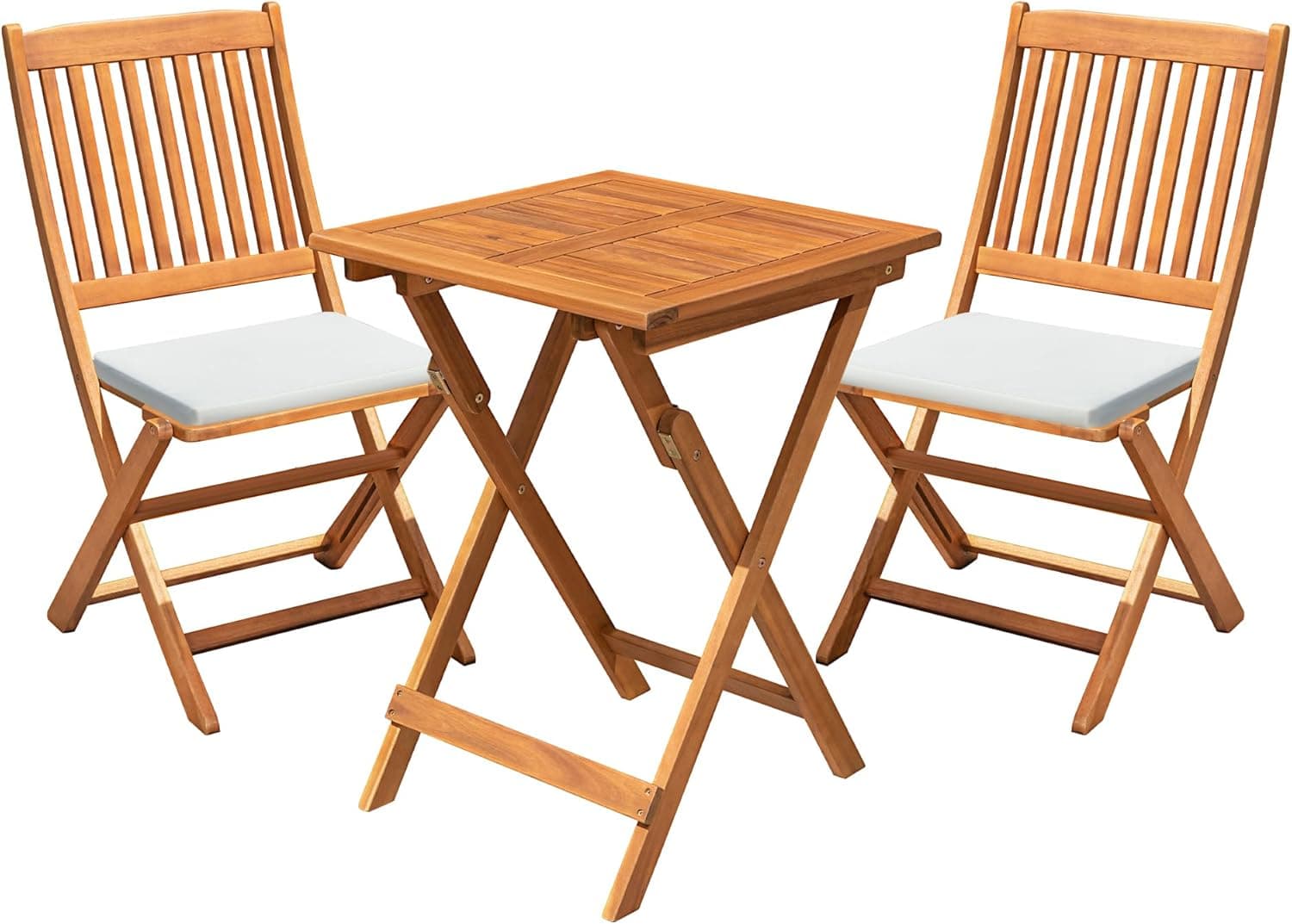 Flamaker Patio Set 3 Piece Acacia Wood Folding Bistro Set Outdoor Square Table and Chairs Balcony Furniture for Porch, Lawn, Backyard (Natural)