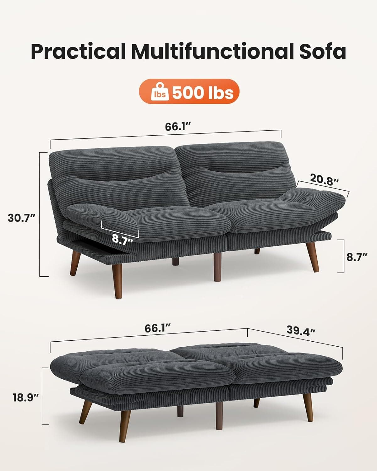 AMADA HOMEFURNISHING Futon Sofa Bed,Vintage Couch with Adjustable Backrest & Armrests, Convertible Futon Sofa Couch for Efficient Home,Small Spaces, Living Room or Office, Corduroy futon couchs,Grey
