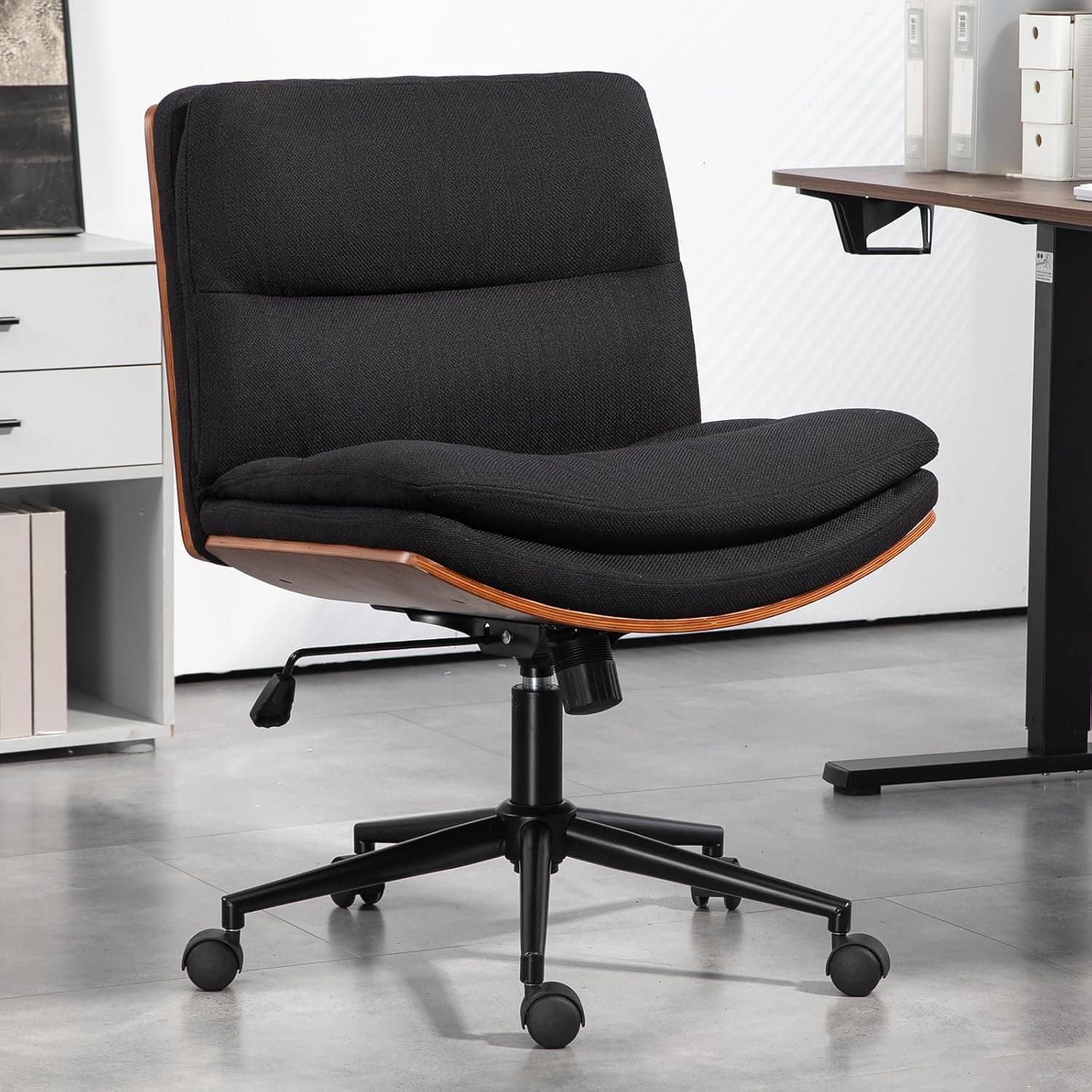 Armless Modern Walnut Office Desk Chair with Wheels, Adjustable Wide Swivel Task Chair, Ergonomic Cross Legged Fabric Chair for Conference Room, Home Office (Black)